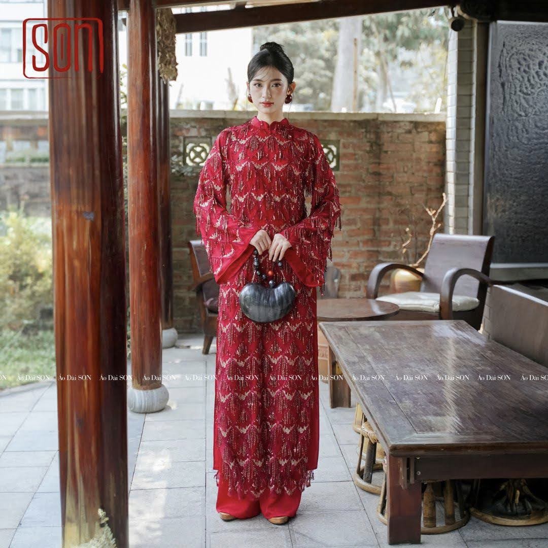 "Thuoc Son red sequined Ao dai set, silk traditional Vietnamese dress, wedding collection"