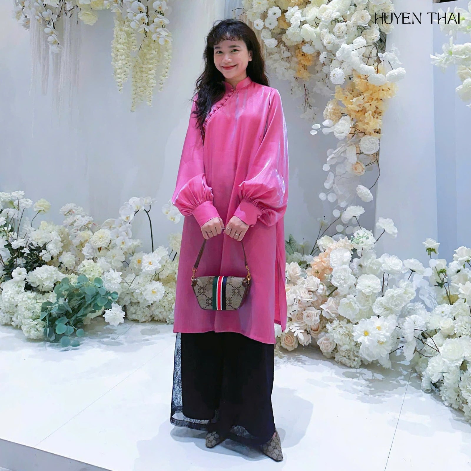 Vietnamese Ao Dai - Man Man Ao-Dai Set - Wormsilk - front view in pink by Huyen Collection