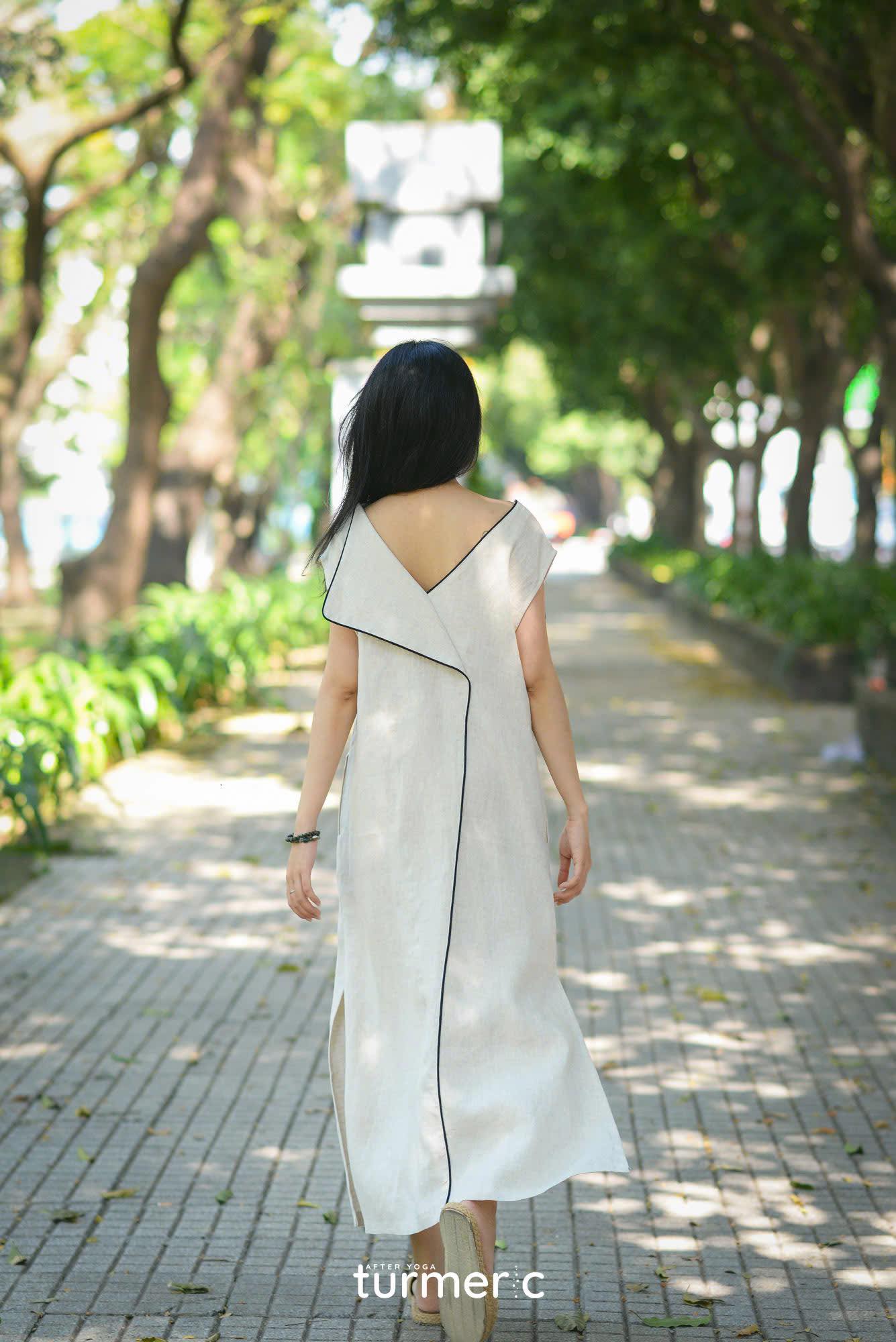 "Rosa linen maxi dress in cream by Turmeric, modern pattern, elegant summer fashion"