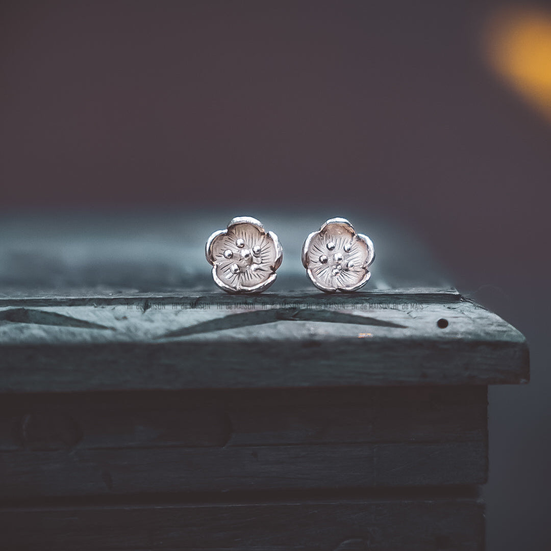 Vietnamese Silver - Nhất Chi Mai Earrings – The Eternal Apricot Blossom - front view in silver by HI de Maison