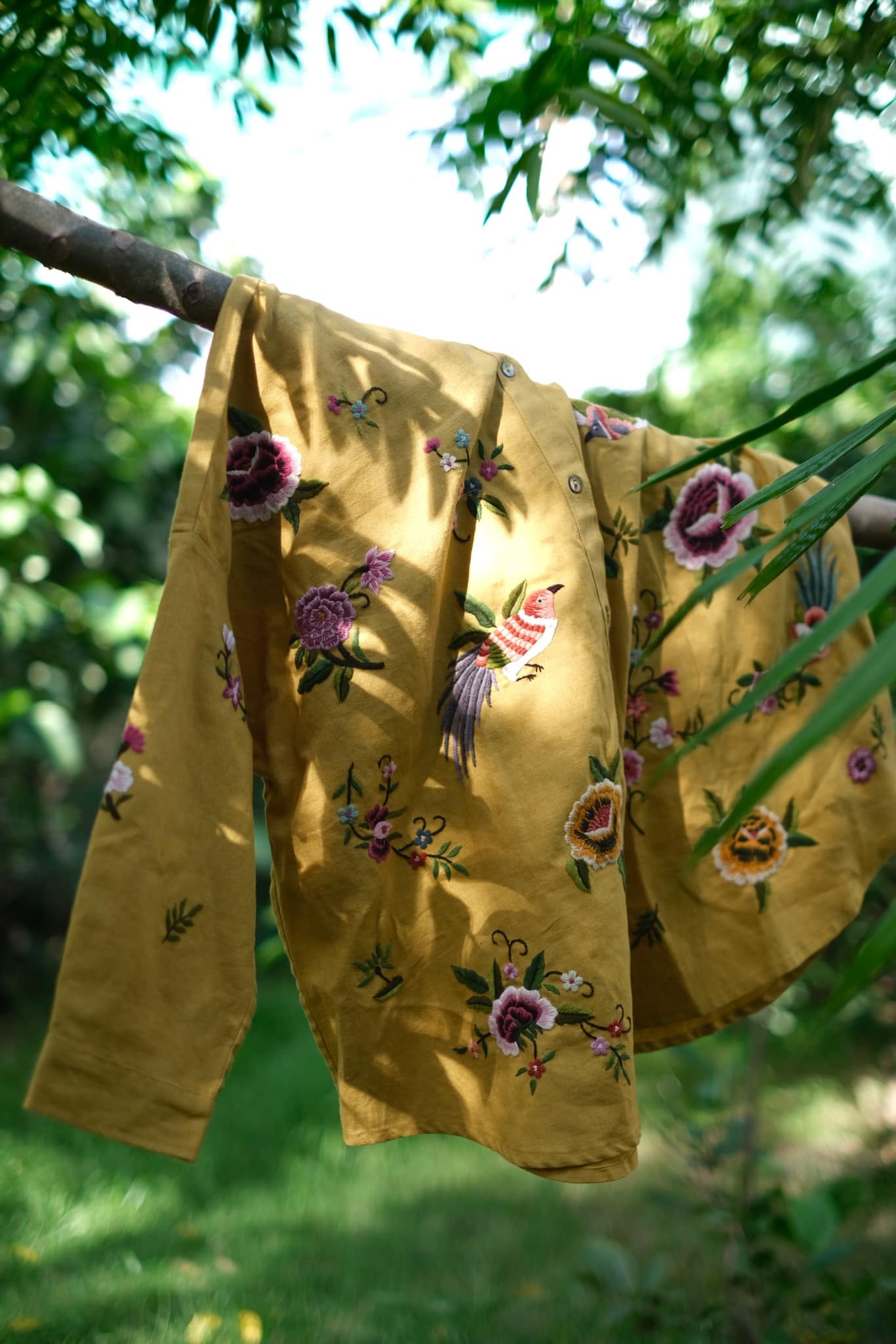 "Aurelia" – Premium Embroidered Linen Shirt in Golden Ochre