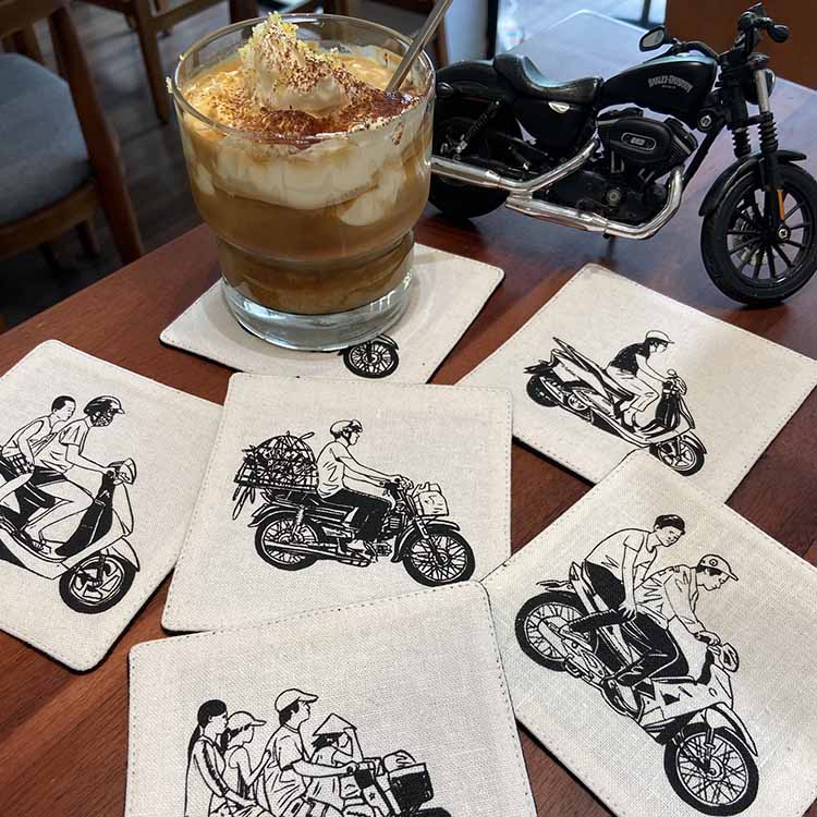 "Vietnam Motorbike Coaster Set by Bat-trang with red accents, featuring traditional Vietnamese motorbike illustrations."