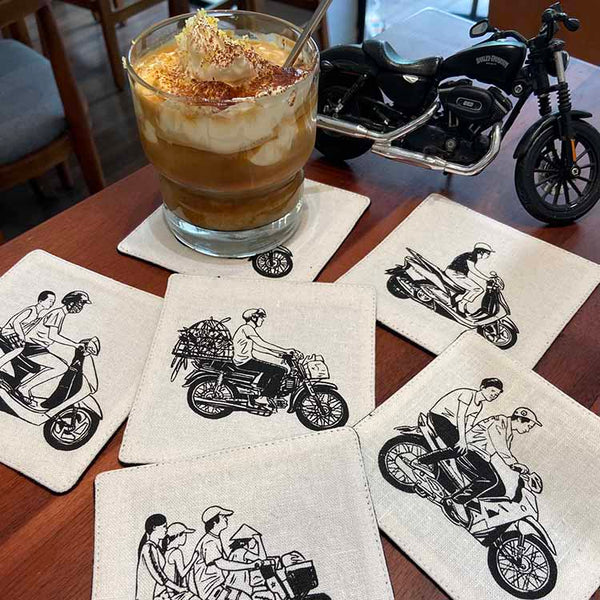 Traditional Motif - Vietnam Motorbike - Coaster Set - styled presentation in linen in beige by Bat-trang
