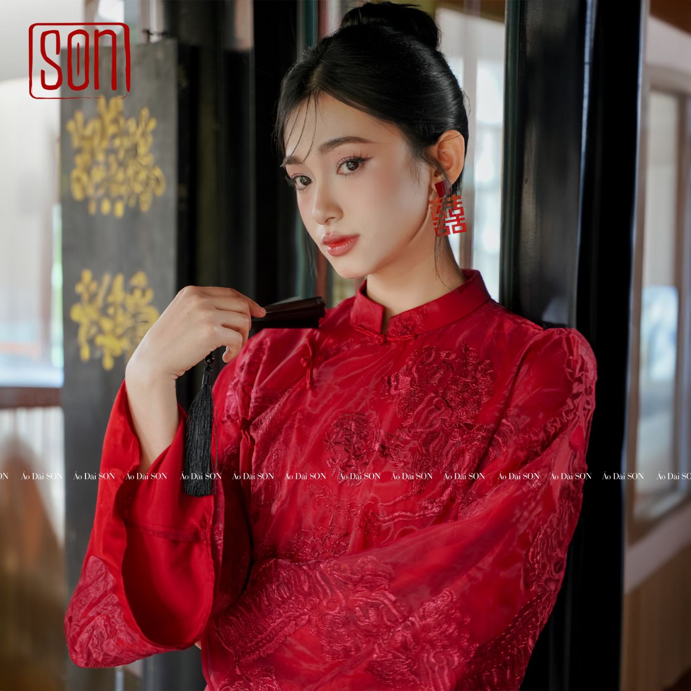 "Uyen Son" red embroidered organza Ao Dai set, traditional Vietnamese wedding dress by SON.