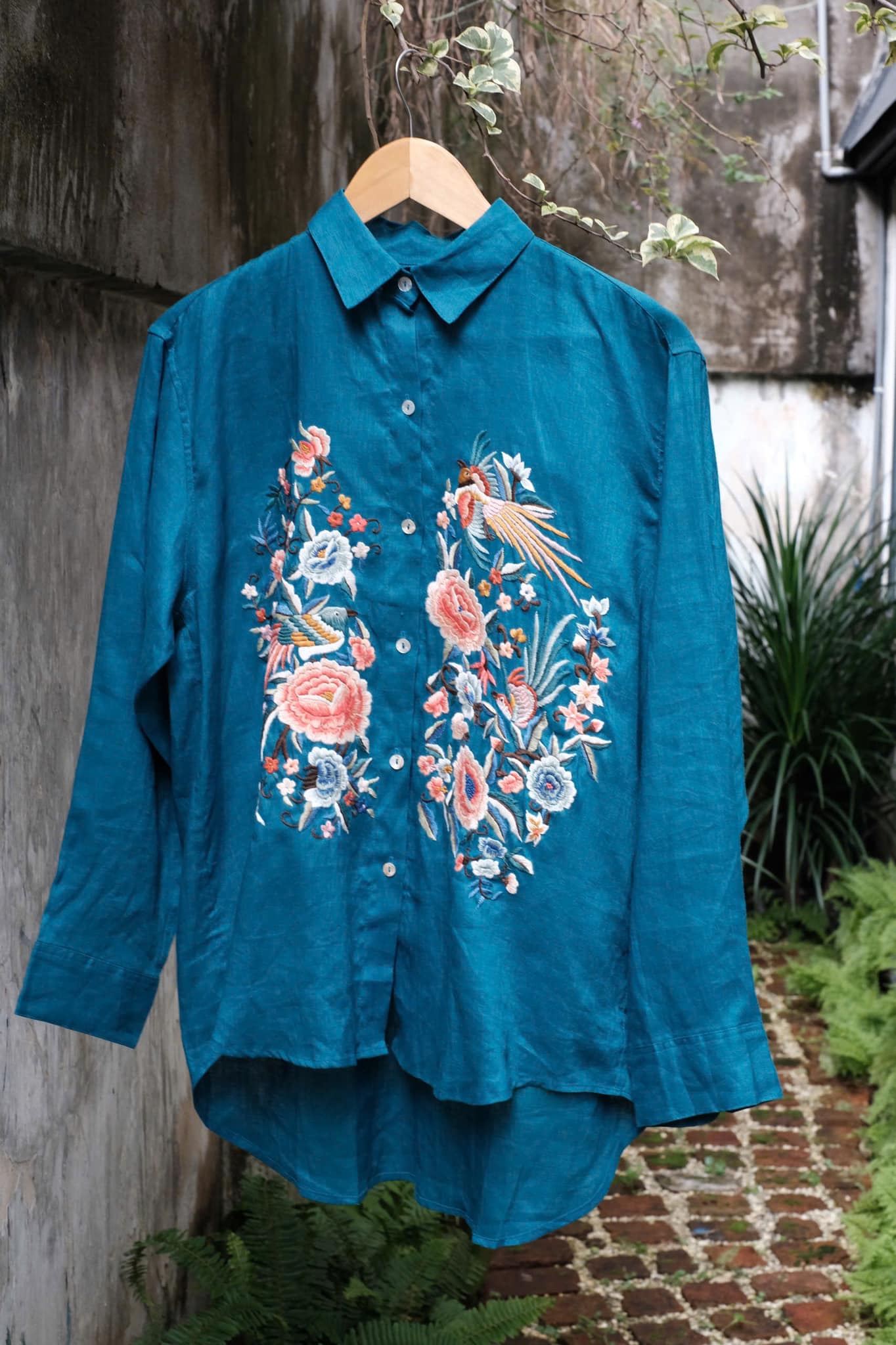 "Zoya Limited Edition Teal Linen Shirt with Vietnamese Floral Embroidery by Huulala"