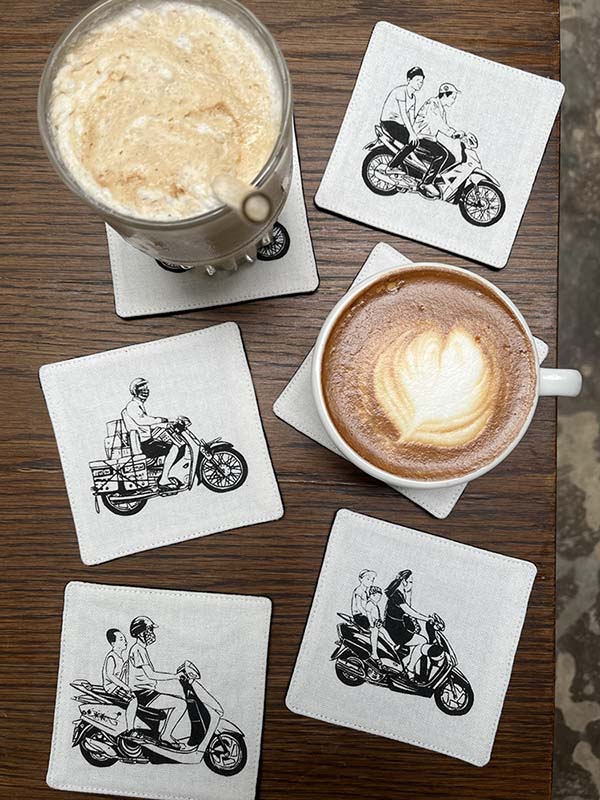 Traditional Motif - Vietnam Motorbike - Coaster Set - flat lay display in linen in white by Bat-trang