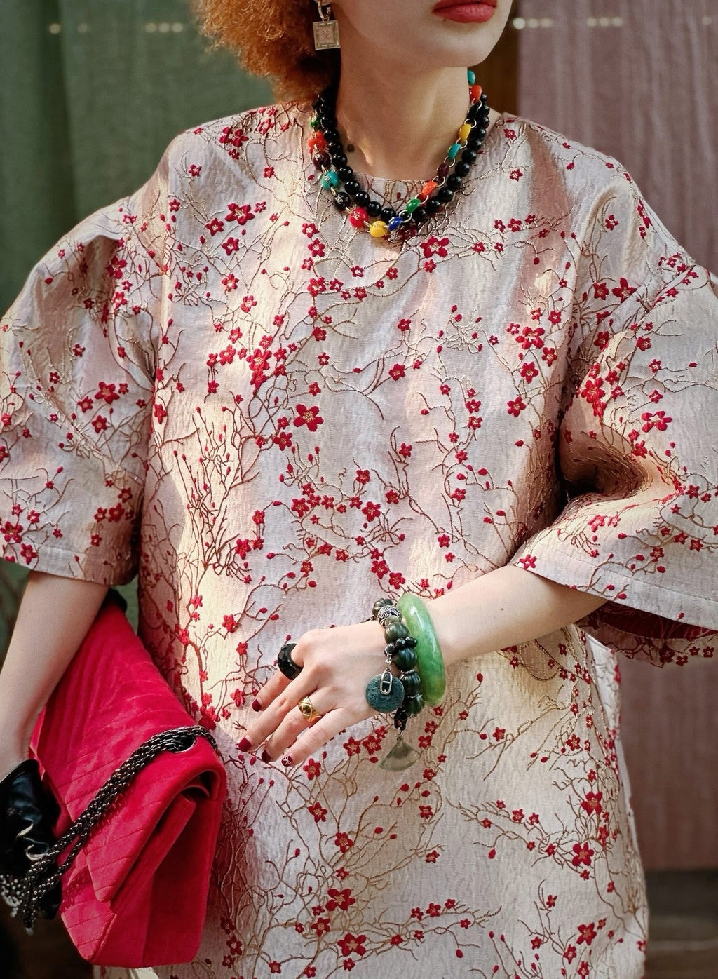 Traditional Motif - Spring Ease Dress – Printed Tafta in Ivory/Red - worn presentation in black by Huyen Thai Collection