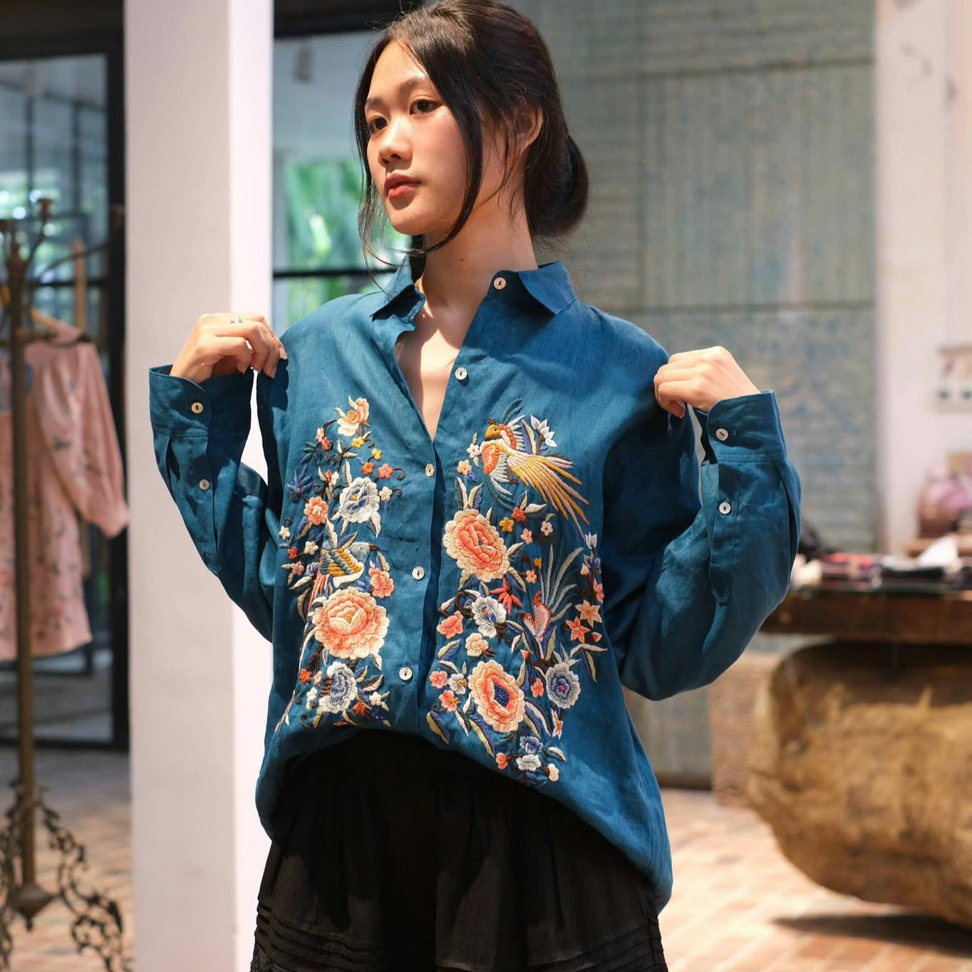 Vietnamese Embroidery - Zoya - [Limited Edition] Embroidered Linen shirt - Teal - front view in blue by Huulala