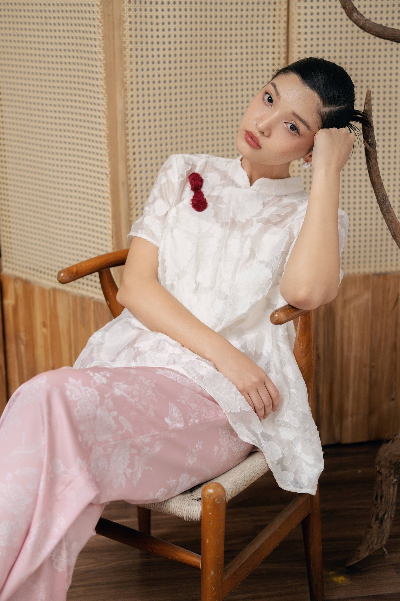 "Lam Khue" Jacquard Silk Mandarin-Neck Top in Pastel Pink by Hy Phuong, traditional floral pattern.