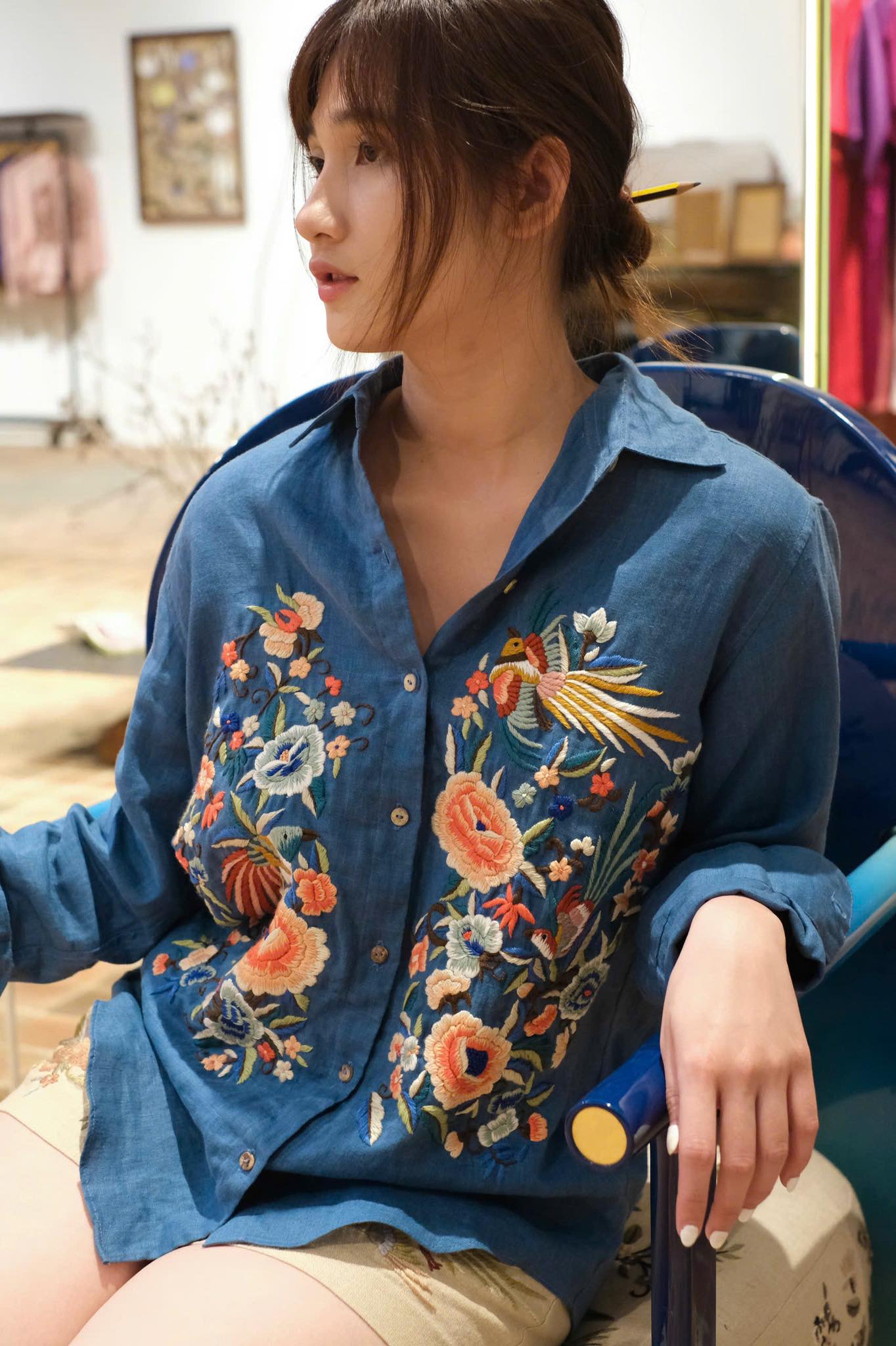 "Zoya Limited Edition Teal Linen Shirt by Huulala with Vietnamese Floral Embroidery"