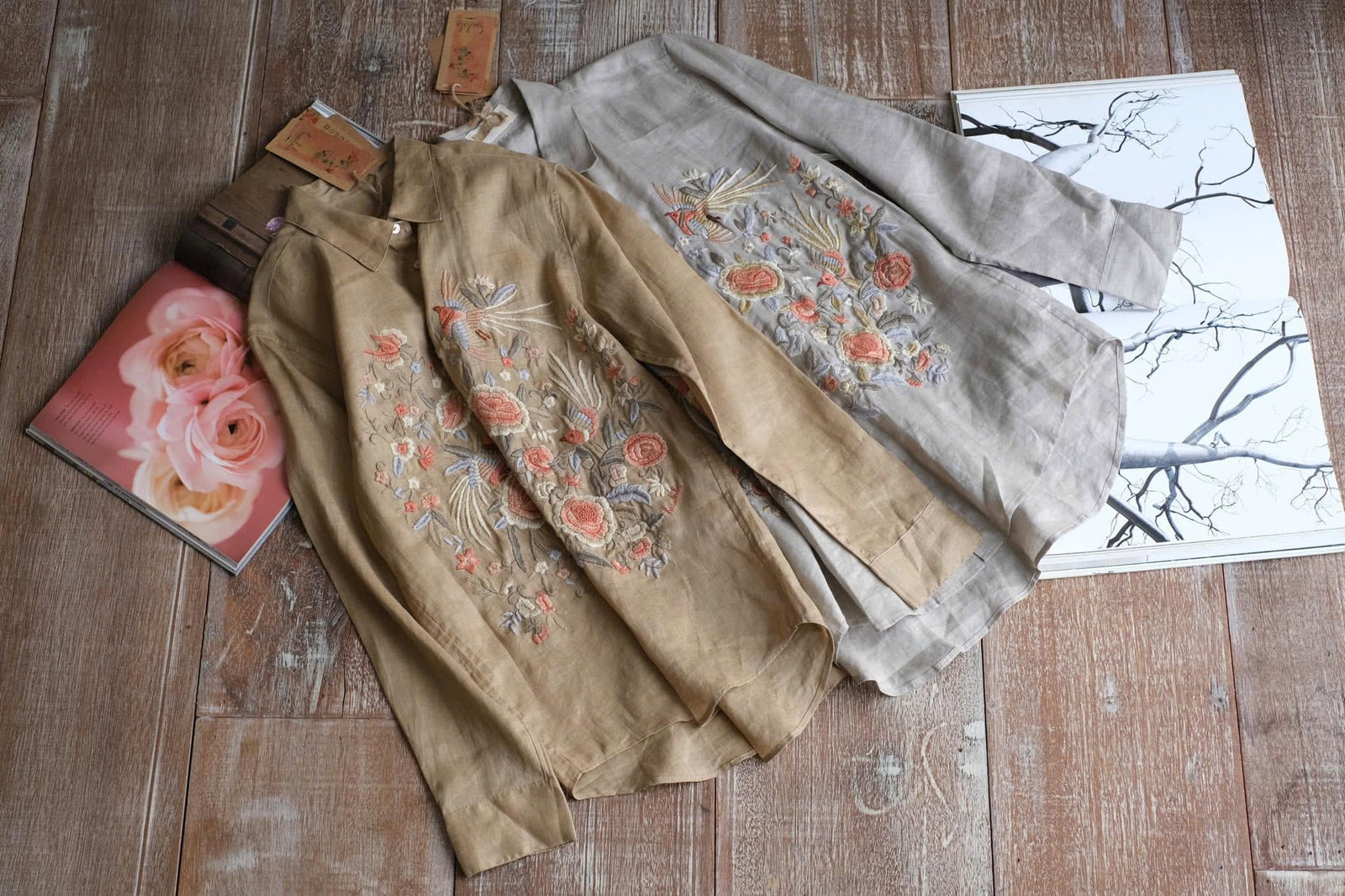 "Sequoia" - Embroidered Linen shirt in Sahara Sand
