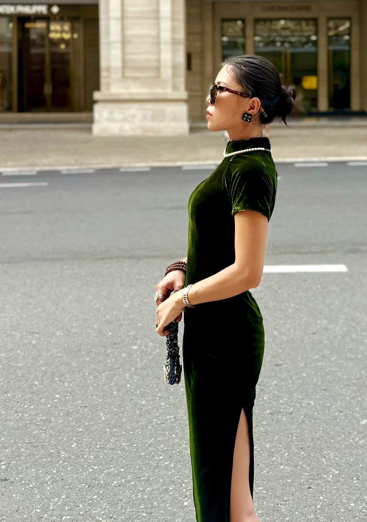 Vietnamese Ao Dai - Emerald Grace Cheongsam - Velvet in Deep Green - side profile in green by Huyen Thai Collection
