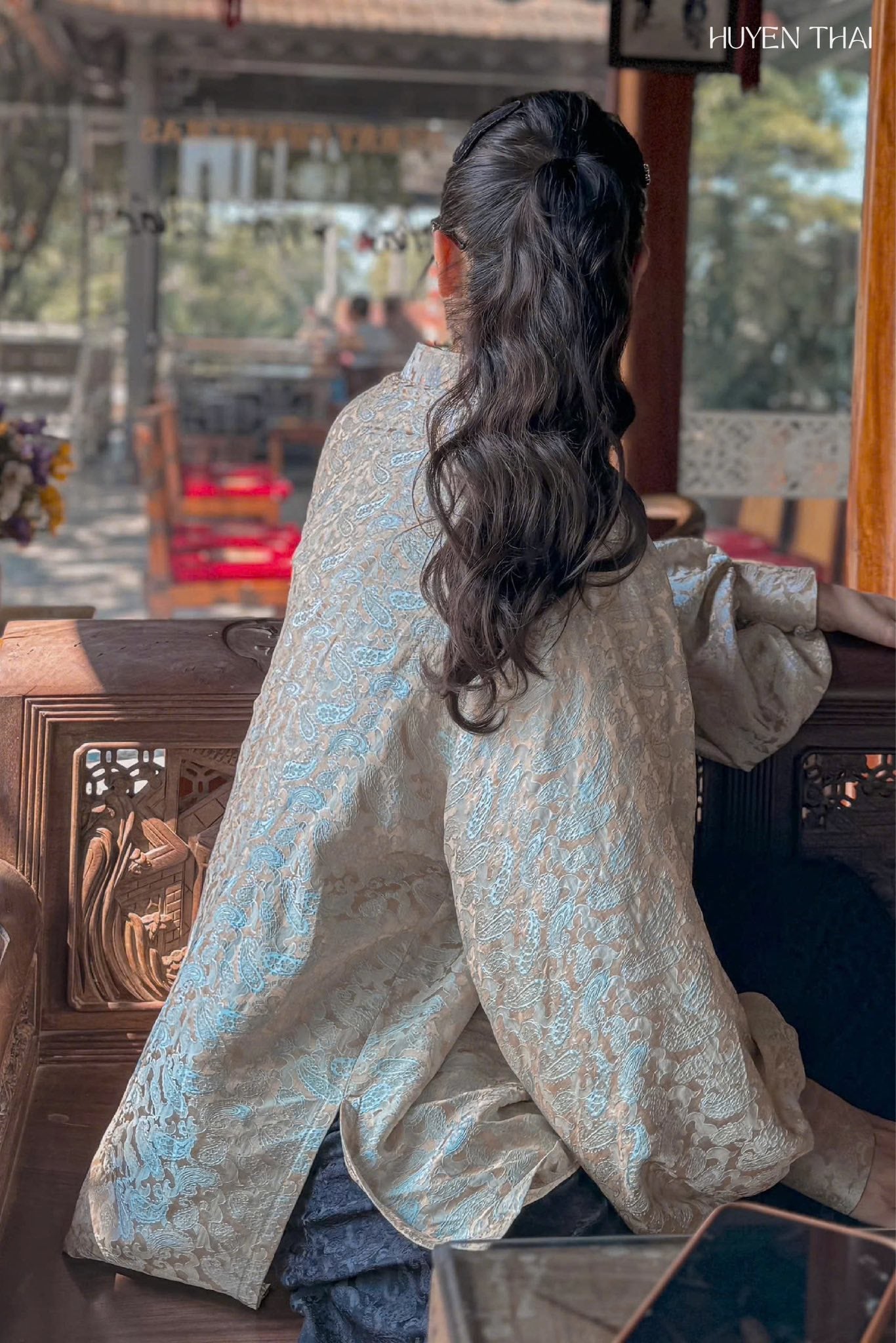 "KY Ao-Ngan in gold wormsilk, modern Vietnamese Ao dai by Huyen Collection, artisan jacquard pattern"