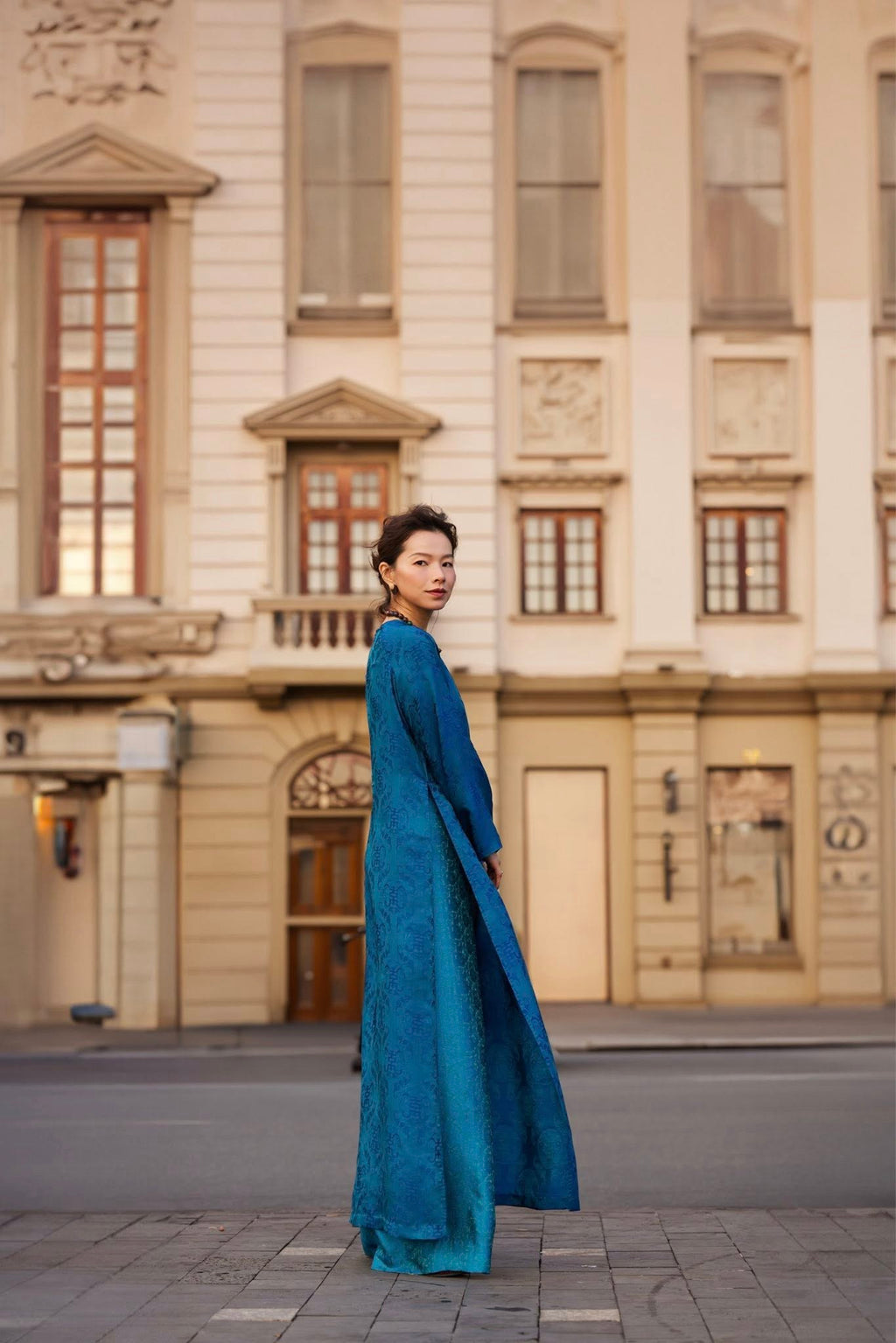 Celestial Indigo áo dài set featuring softly flared sleeves and traditional high neckline - Vietnamese ceremonial wear by Lo Boutique