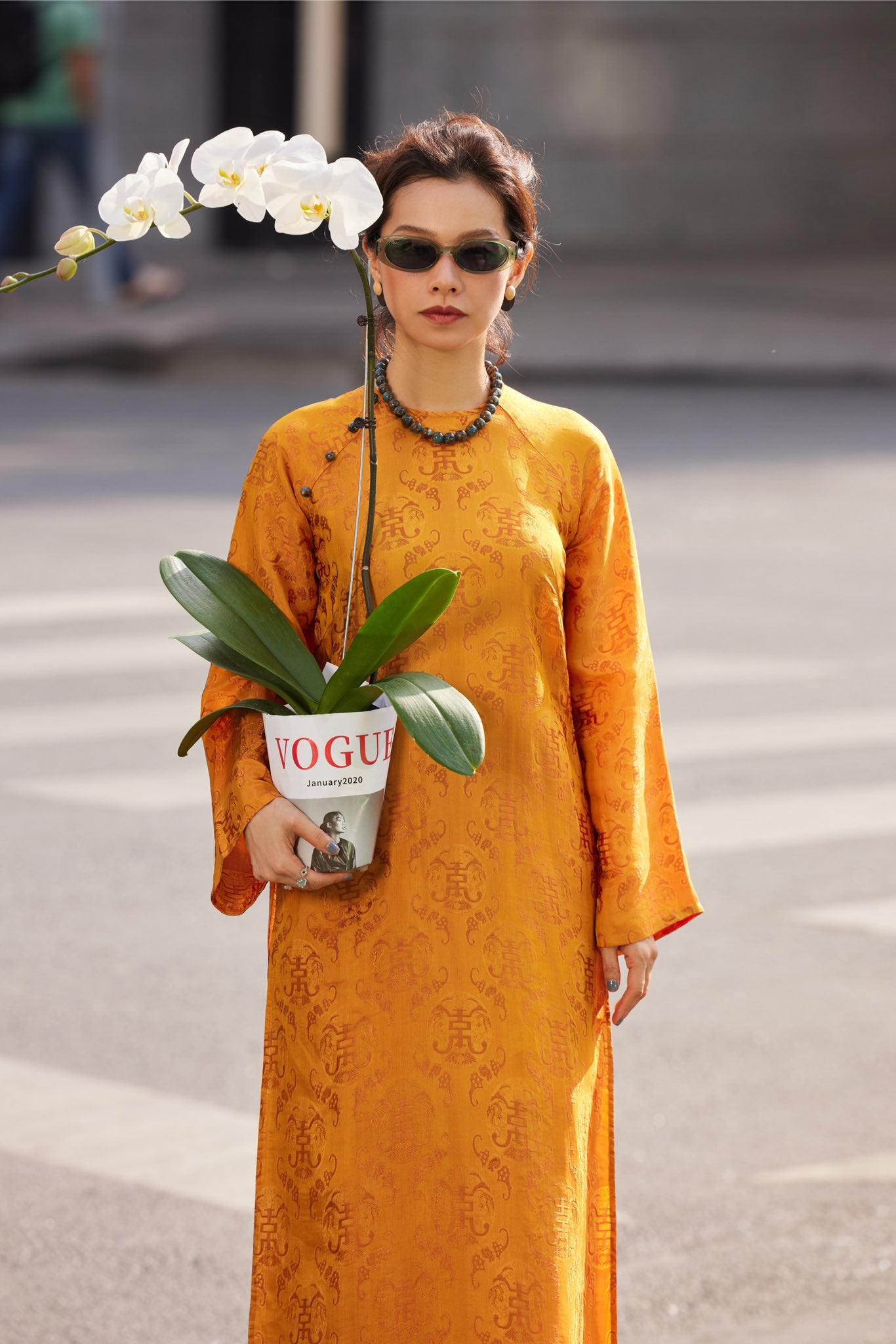 Vietnamese Ao Dai - “Imperial Ember” - Luxury Wormsilk Ao Dai Set in Regal Gold - front view in orange by Lo Boutique