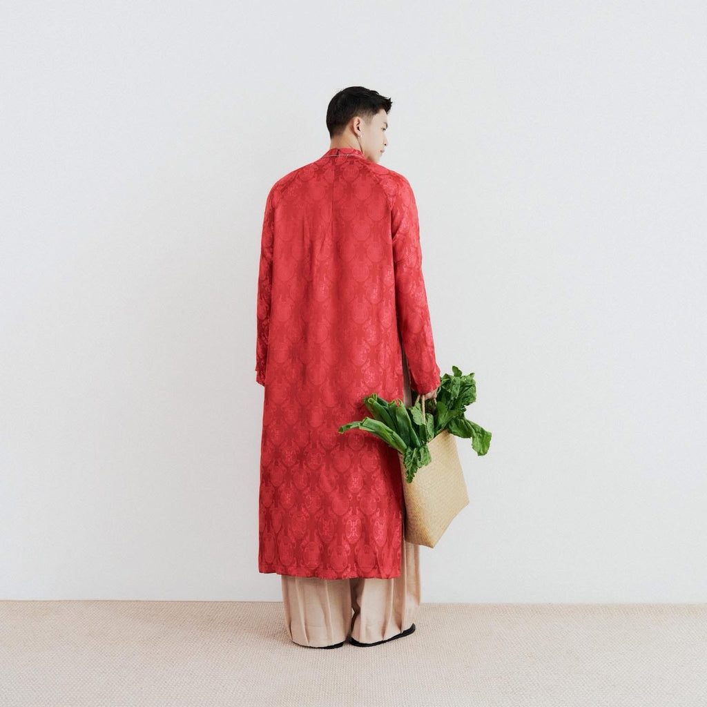 Gac Men’s Áo Dài Set - Tencel Silk in Loc Tho pattern with raw-silk pants - back view by Lalin