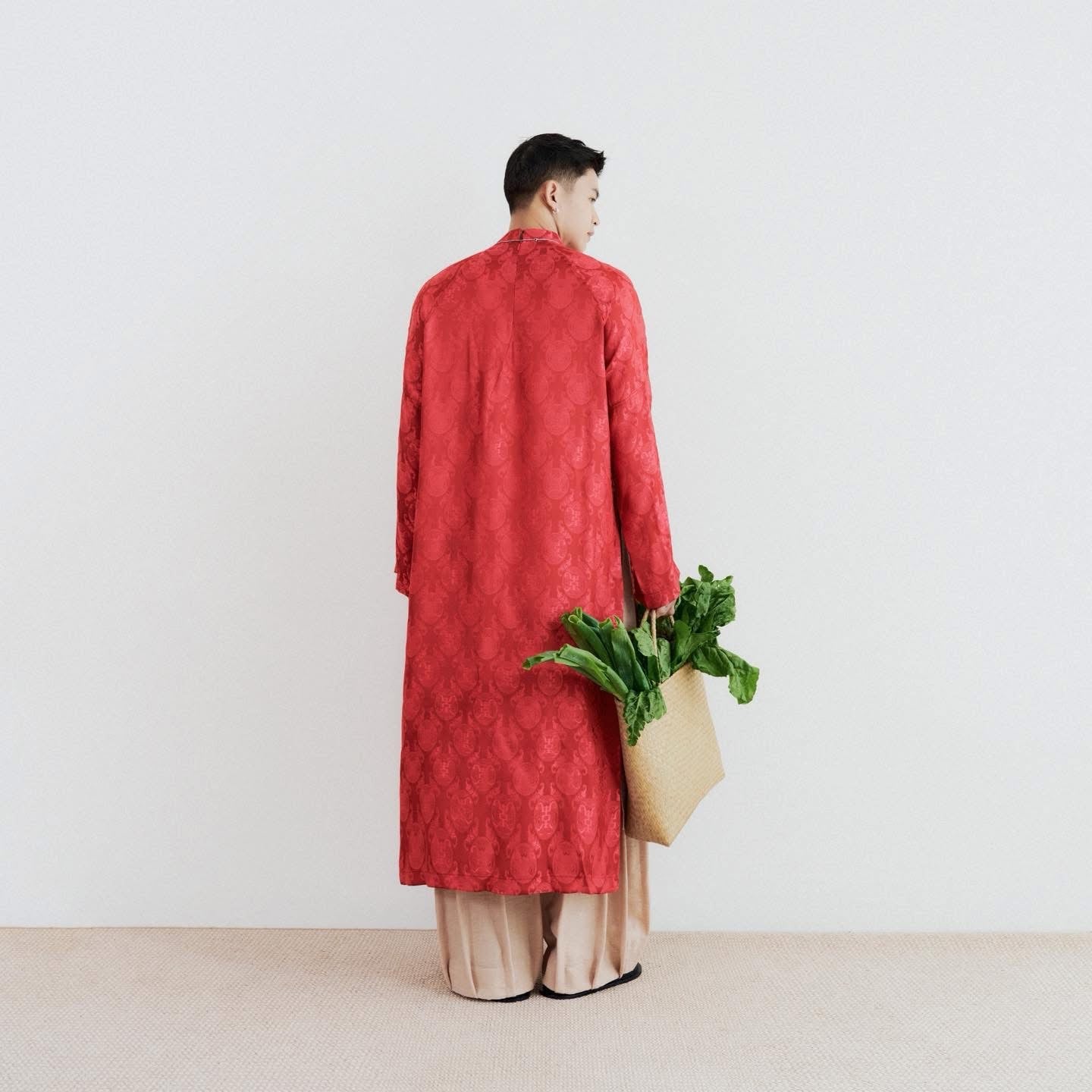 Gac Men’s Áo Dài Set - Tencel Silk in Loc Tho pattern with raw-silk pants - back view by Lalin