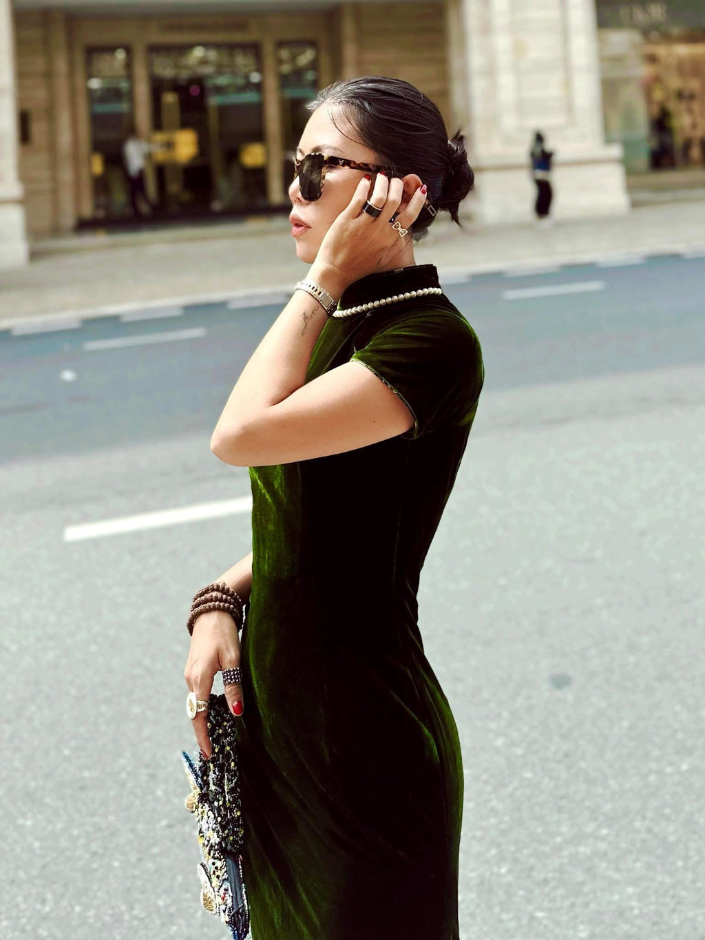 Vietnamese Ao Dai - Emerald Grace Cheongsam - Velvet in Deep Green - side profile in green by Huyen Thai Collection