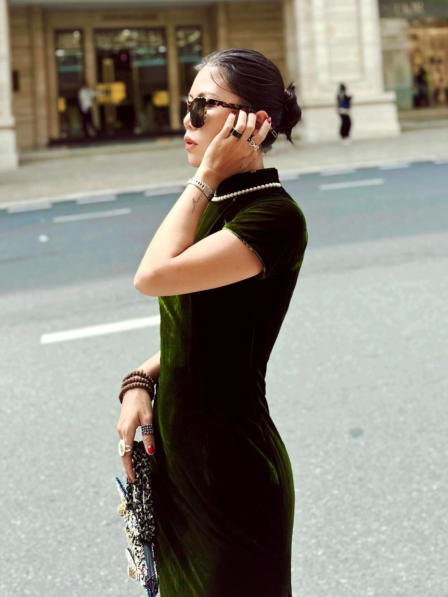 Vietnamese Ao Dai - Emerald Grace Cheongsam - Velvet in Deep Green - side profile in green by Huyen Thai Collection