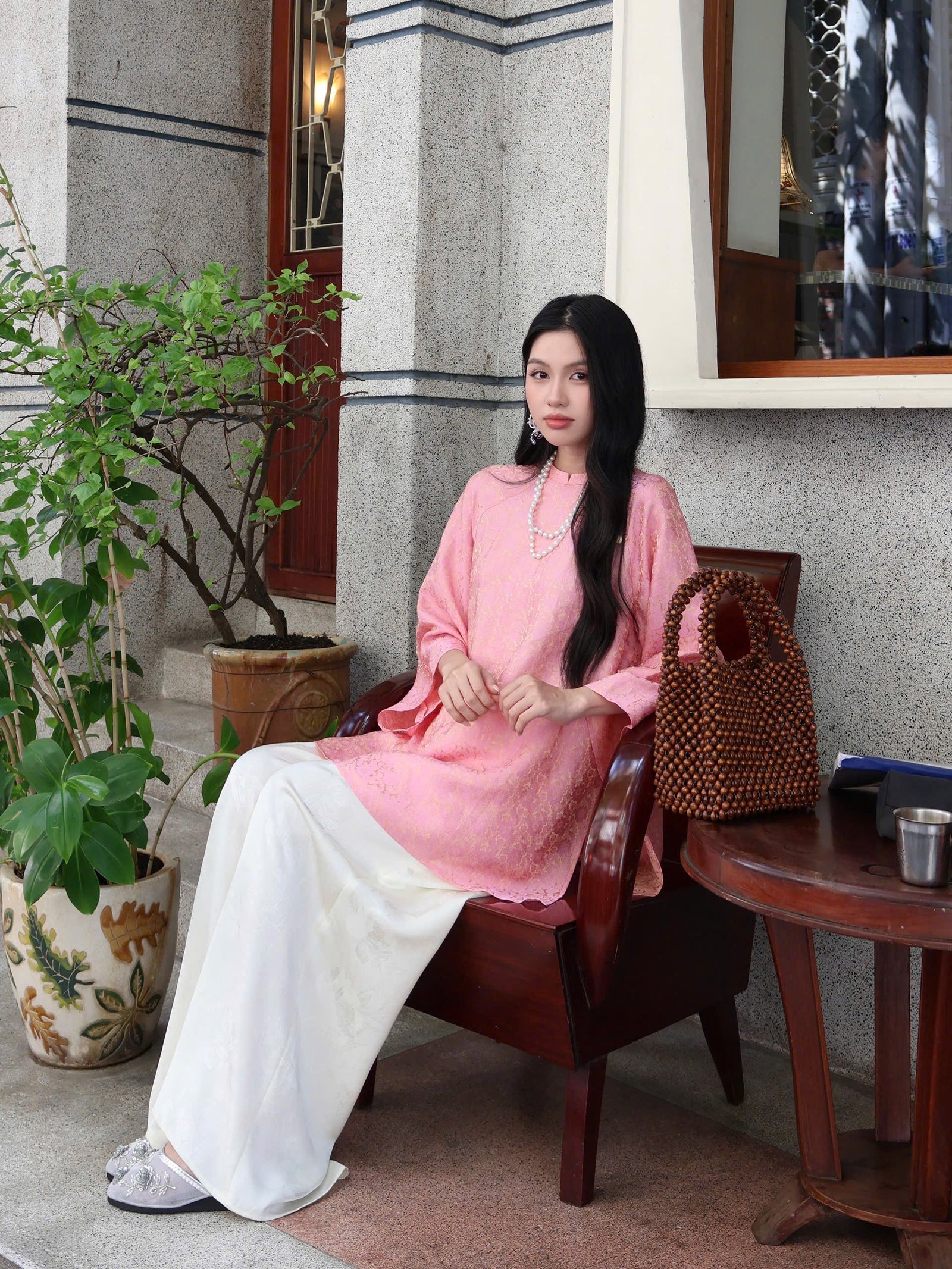 "Tra My" - Mandarin-neck Top - Natural wormsilk in Golden Peach