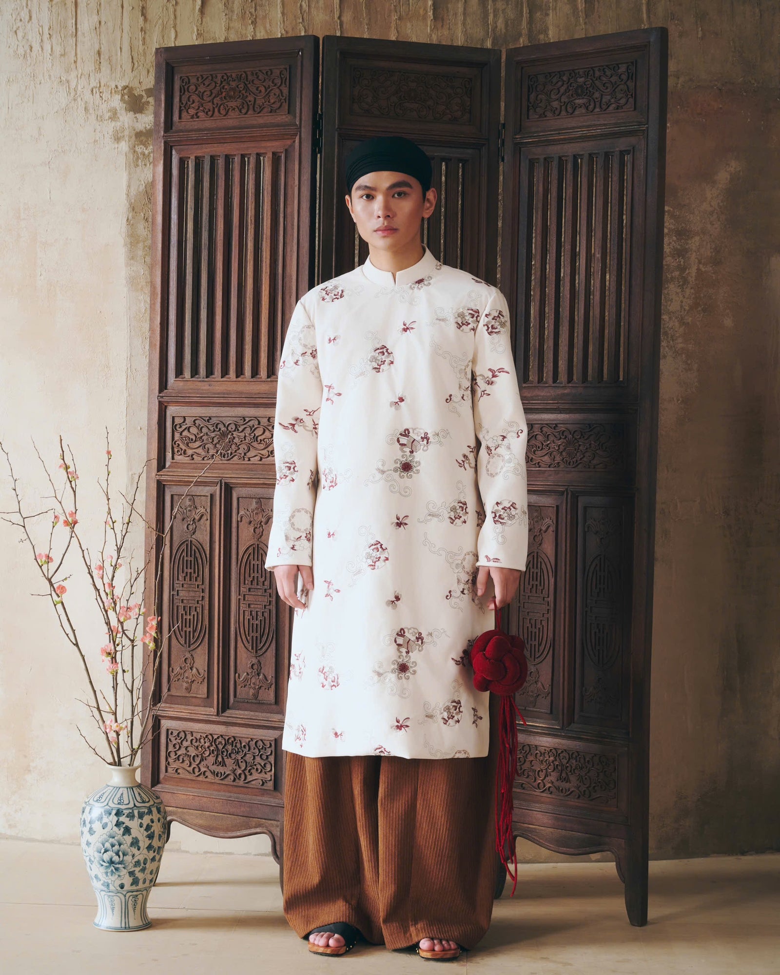 Vietnamese Ao Dai - Tùng Men's Ao-dai Pants – Corduroy - front view in silk in white by Maison LONG