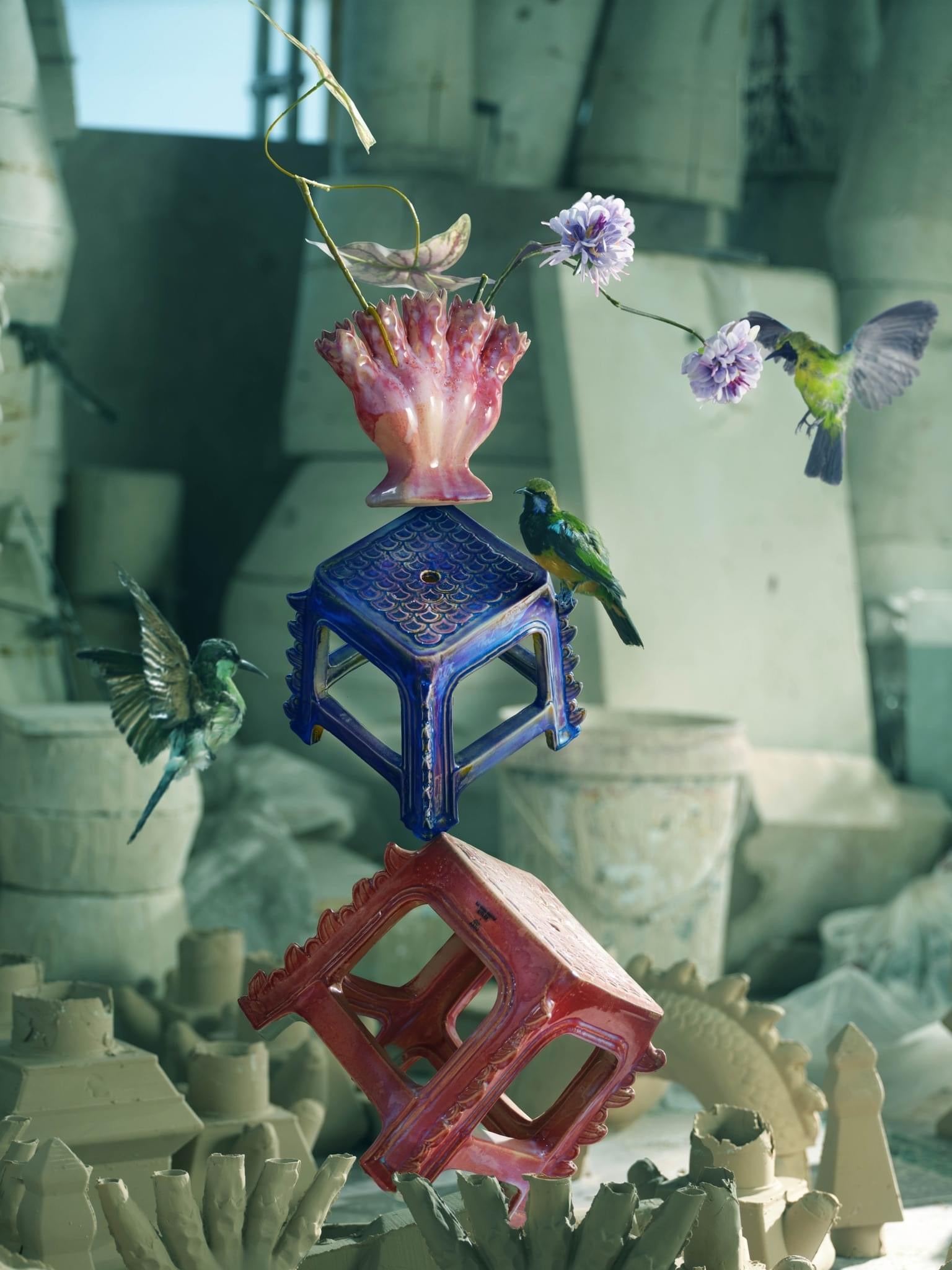 "Bat Trang Ceramics - Red Dragon Street Ceramic Stool, traditional Vietnamese design"