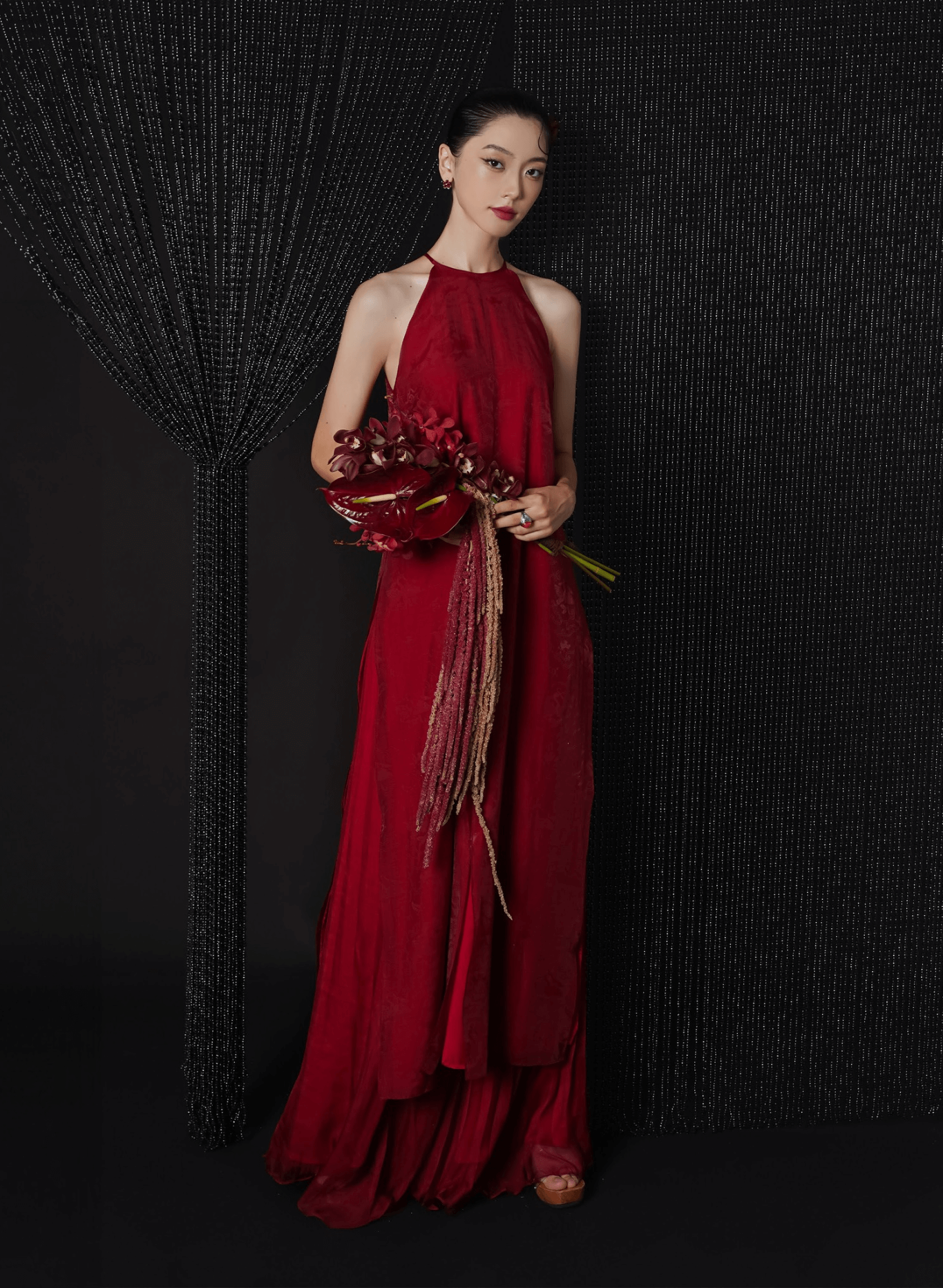 Vietnamese Ao Dai - Van Loan Halter Neck Ao dai Set - Premium Silk - front view in red by Lalin