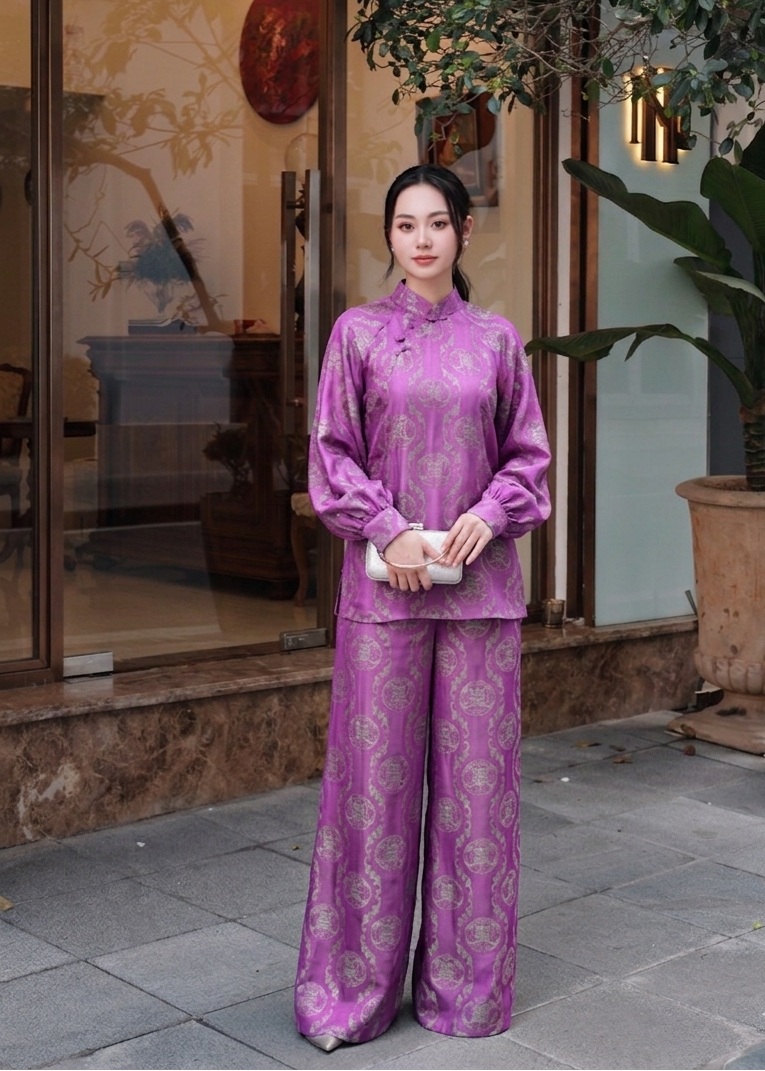 Vietnamese Ao Dai - “Ky” Set – Wormsilk Áo Ngắn (Short version of Ao-dai) in Wine Pink - front view in purple by Tam