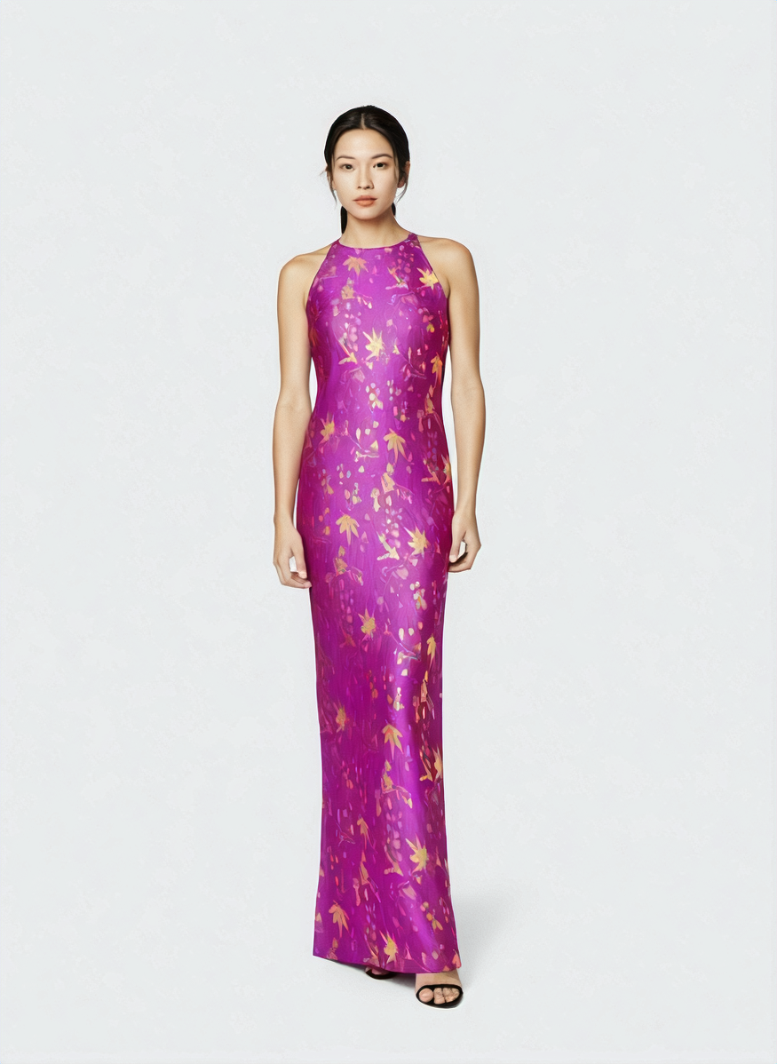 Silk Pattern - Radiance in Silk Slip Dress – Fuchsia Gold - front view in purple by Lo Boutique