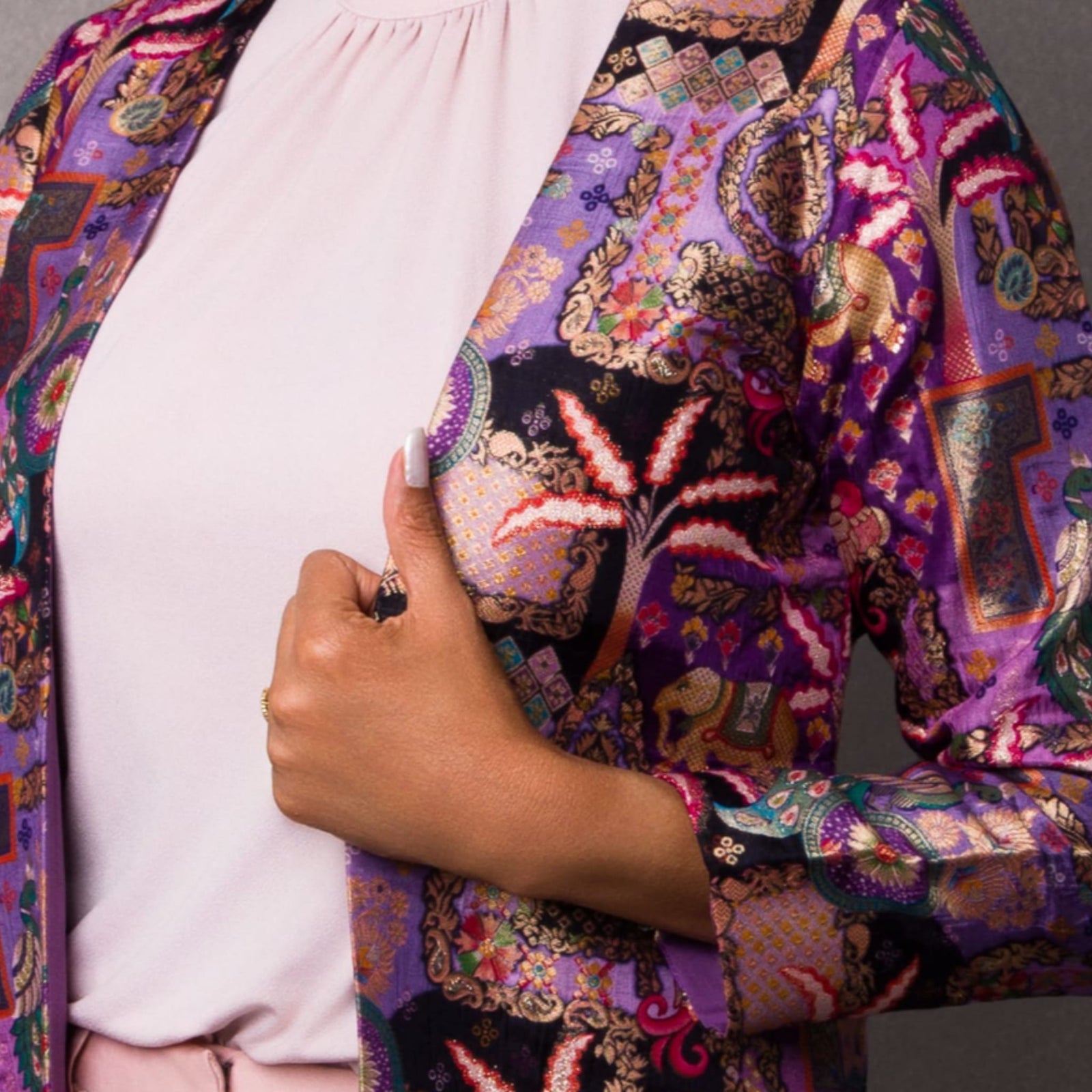 Vietnamese Embroidery - Ratna - Royal Brocade Silk Coat in Amethyst - detail close-up in purple by Indian Heritage