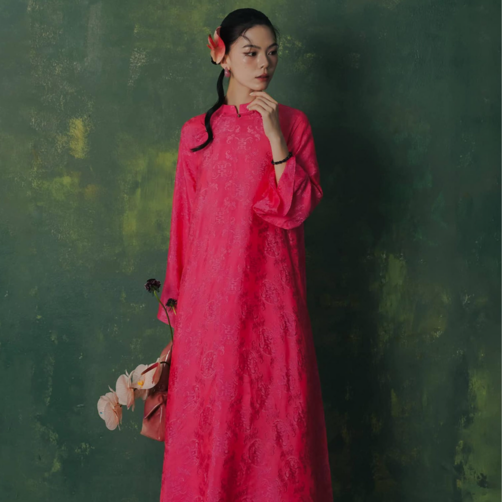 Vietnamese Ao Dai - Diep Dan Ao Dai Set - Premium Natural Worm Silk in Bright Peach - front view in pink by Lalin