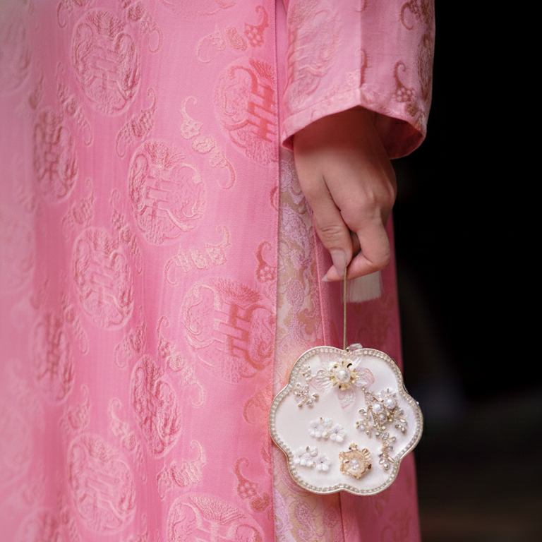 Nha Chi Ao-Dai Set - Embroidered Wormsilk Áo Dài in Rose Pink - detail close-up by Tam