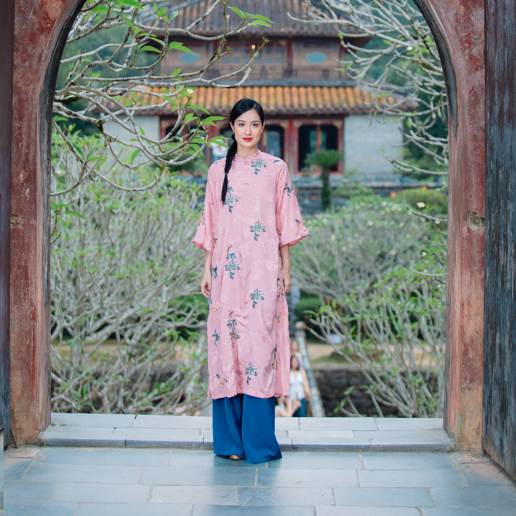Vietnamese Ao Dai - Chau Hoa Ao Dai set - Embroidered Flowers on viscose - front view in silk in pink by Moc