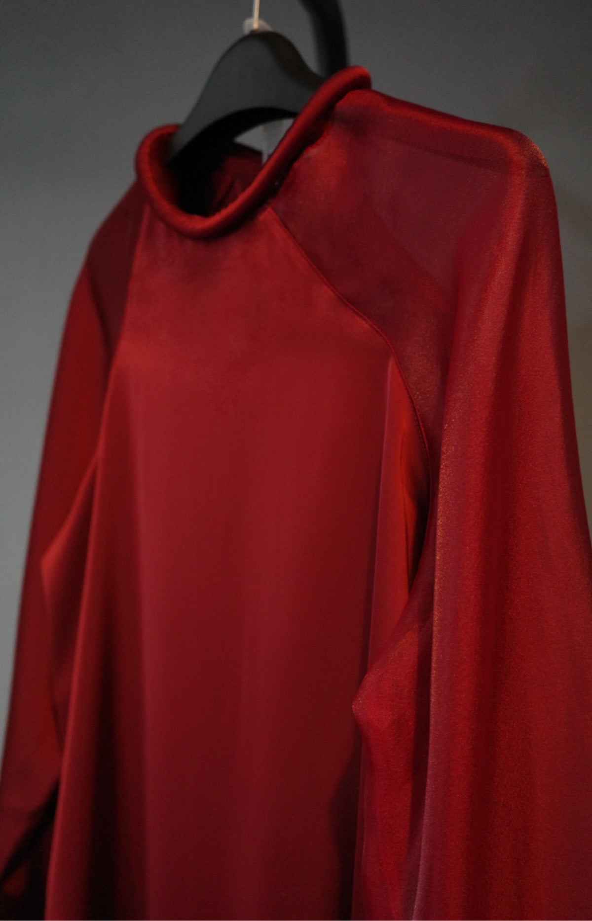 "Crimson silk and organza asymmetric Ao Dai set, traditional Vietnamese dress"