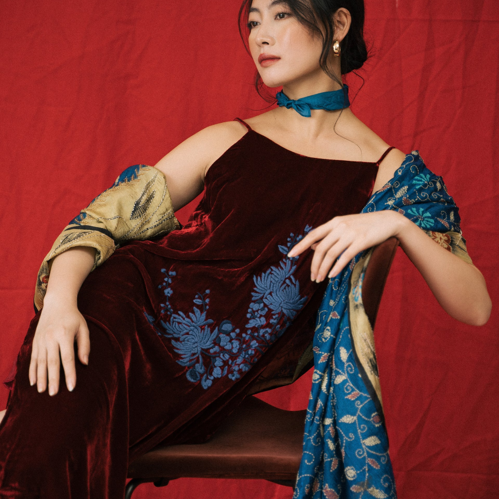 Vietnamese Embroidery - Rumi - Embroidered Suede dress - side profile in velvet in red by Huulala
