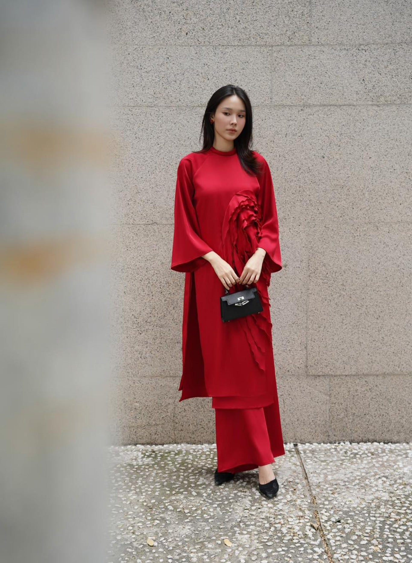 "Crimson Bloom" red silk Ao Dai set by Das Levine, modern floral design, traditional Vietnamese dress.