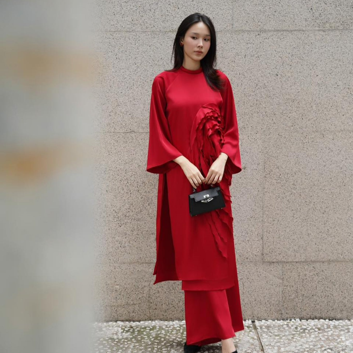 Vietnamese Ao Dai - Crimson Bloom - Limited Edition Silk Ao Dai Set - front view in red by Das Levine