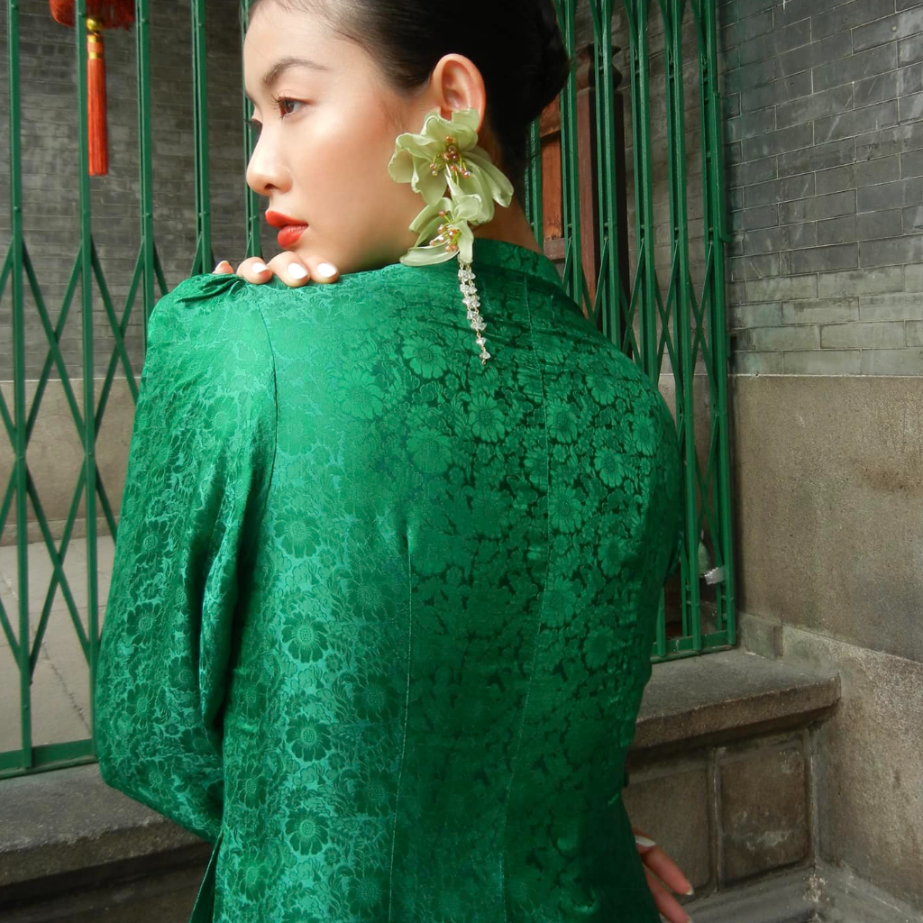 Tang Bong" Ao Dai Set - 100% Wormsilk in Green with Puff Sleeve - View 5 - Premium Vietnamese Fashion