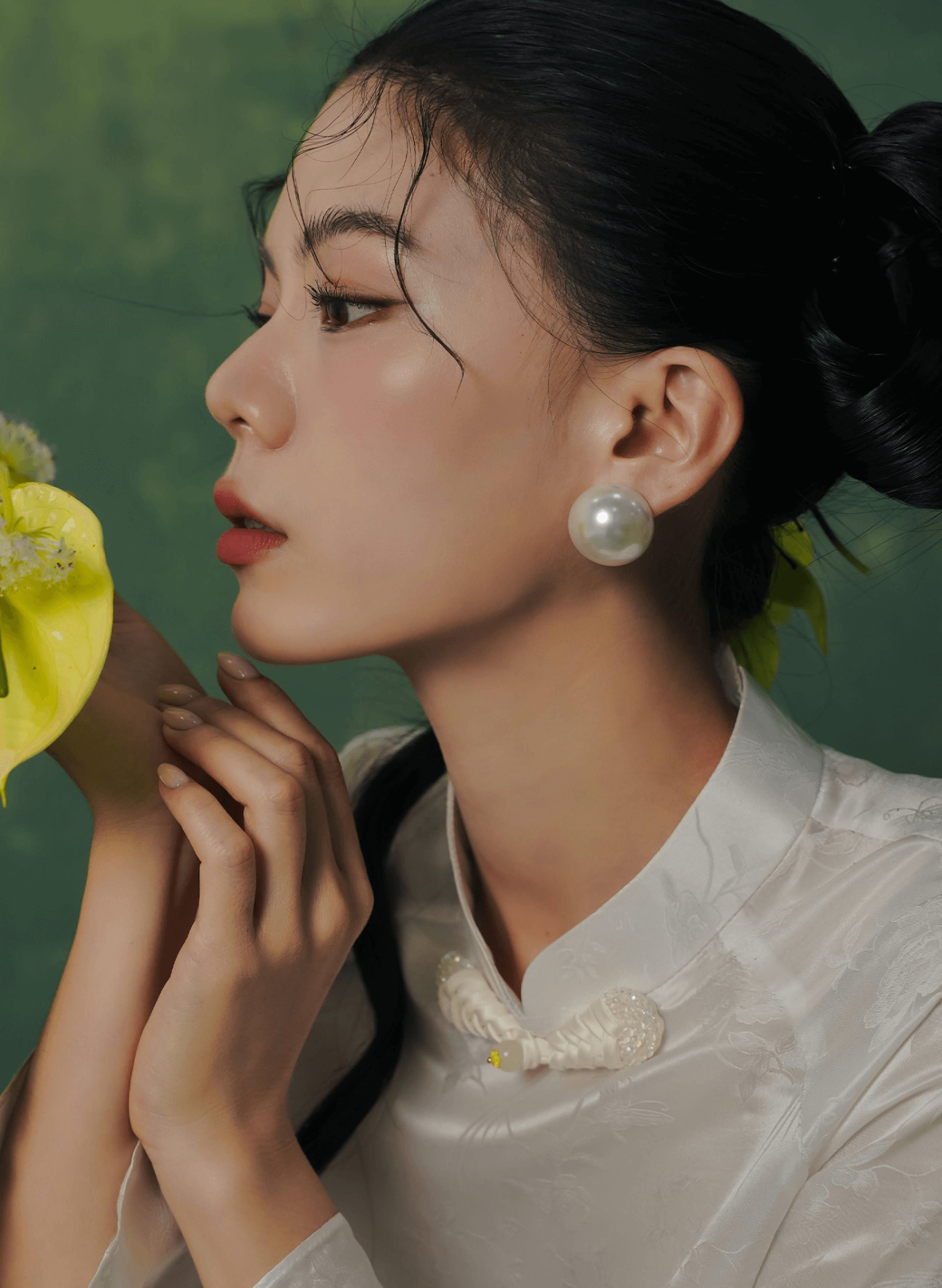 "Thien Kim Ao dai Set in white silk with beaded knot, traditional Vietnamese dress by Lalin."