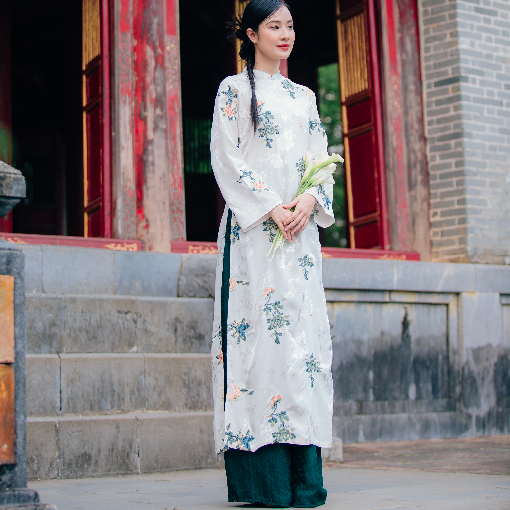 Vietnamese Ao Dai - Chau Hoa Ao Dai set - Embroidered Flowers on viscose - front view in silk in white by Moc