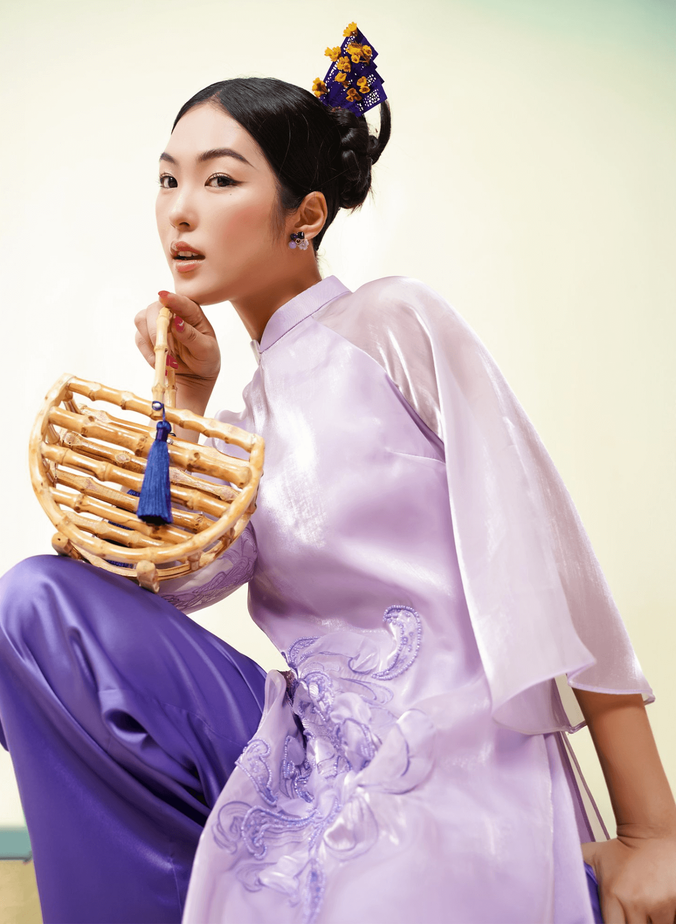 Vietnamese Ao Dai - Uyen Cuc - Limited Edition Embellised Ao Dai Set - side profile in silk in purple by Lalin