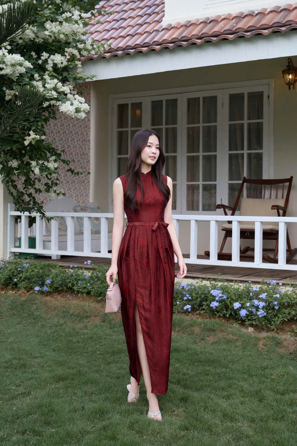 “Celeste” Dress – Lotus Jacquard womsilk Dress in Garnet