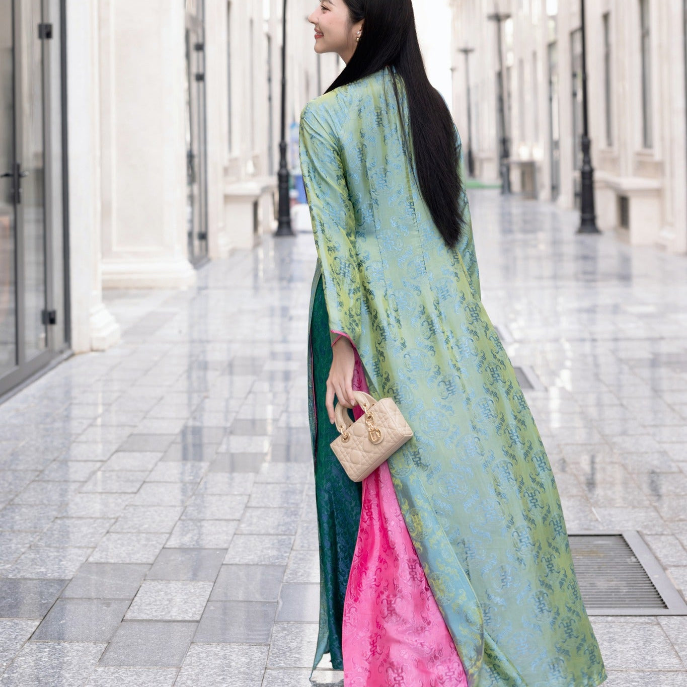 Vietnamese Ao Dai - Ngu Phuc - Wormsilk Modern Ao Dai Set with beaded button - side profile in green by Tam