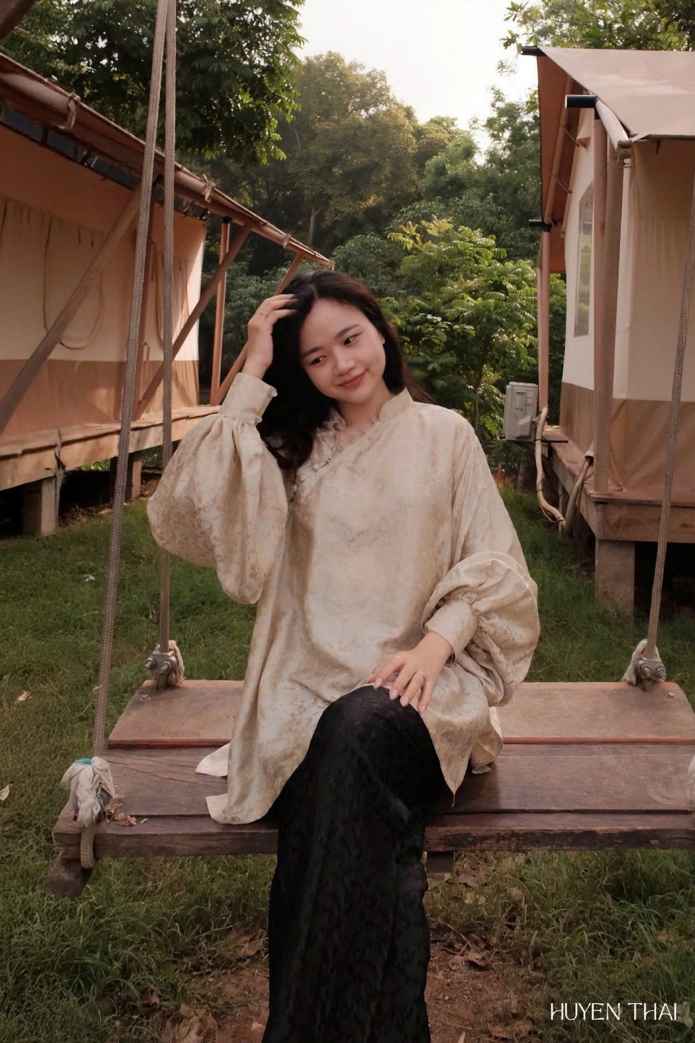 KY Ao-Ngan (Shorter version of Ao-dai) with Balloon Sleeve - Wormsilk - styled presentation by Huyen Collection