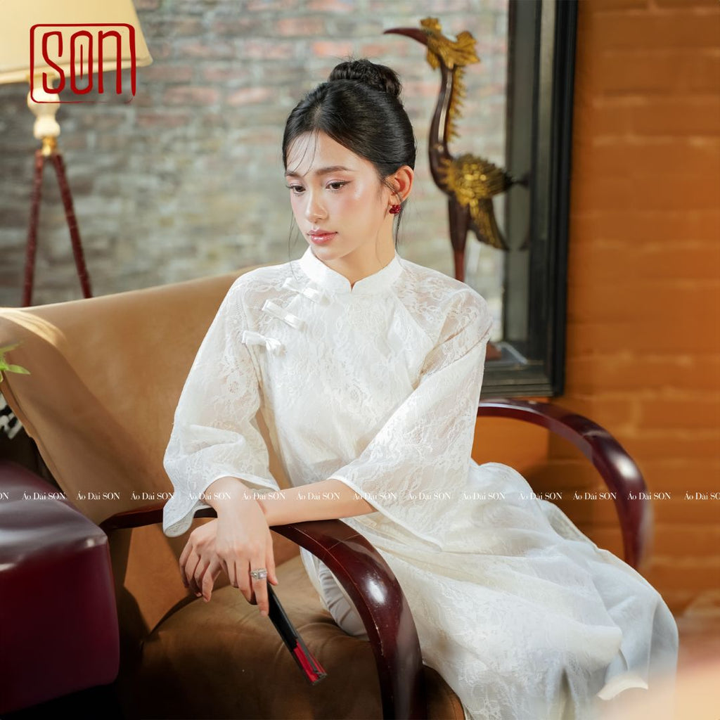 "To Son Lacy Ao Dai set in white jacquard, traditional Vietnamese wedding dress by SON."