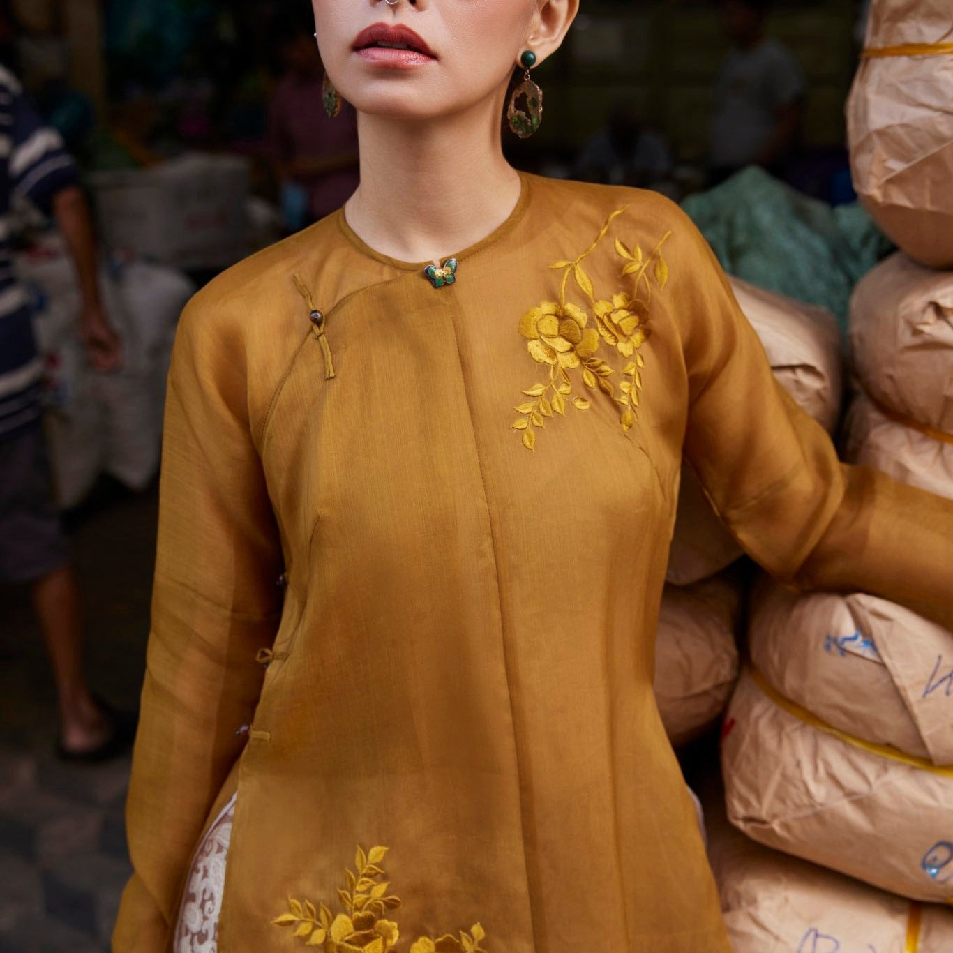 Golden Grace Ao Dai Set – Hand-Embroidered Luxury Soft Organza double layer - front view by Lo Boutique