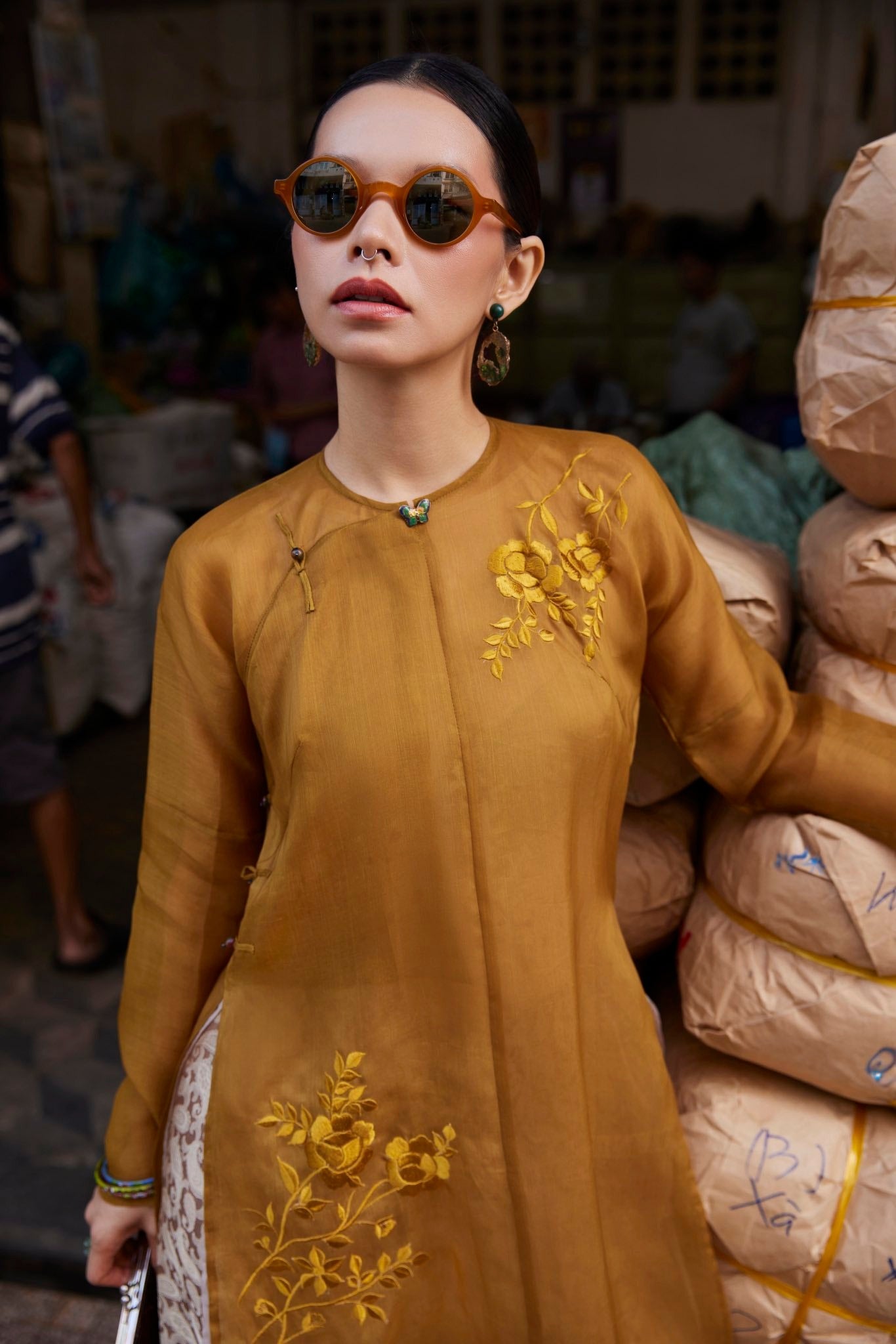 Golden Grace – Hand-Embroidered Silk Áo Dài by Lo Boutique by Lo Boutique - side view highlighting elegant silhouette and luxury fabric, premium Vietnamese wormsilk clothing