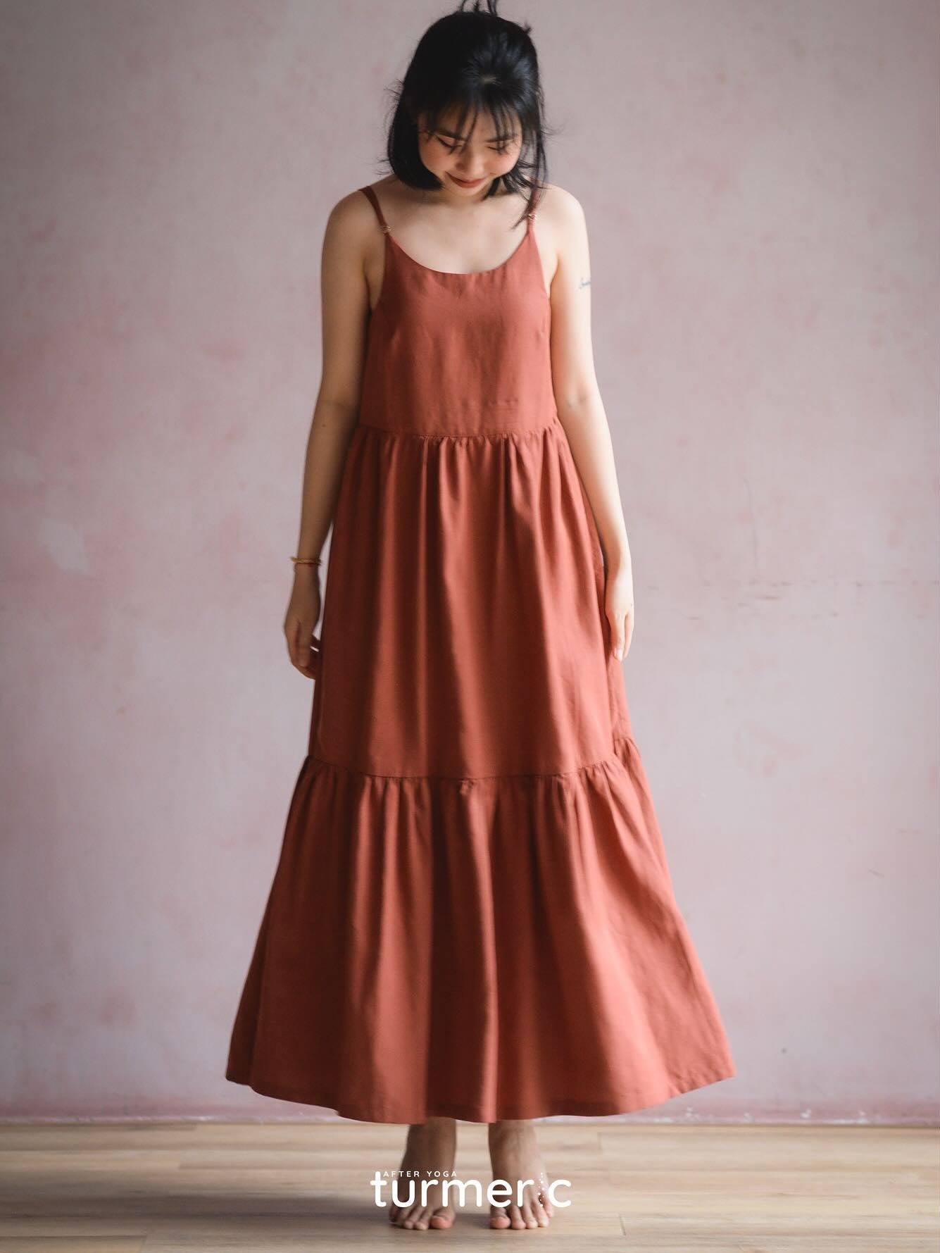 "Grace Maxi - Premium Linen dress in brick red by Turmeric, sleeveless bohemian style"