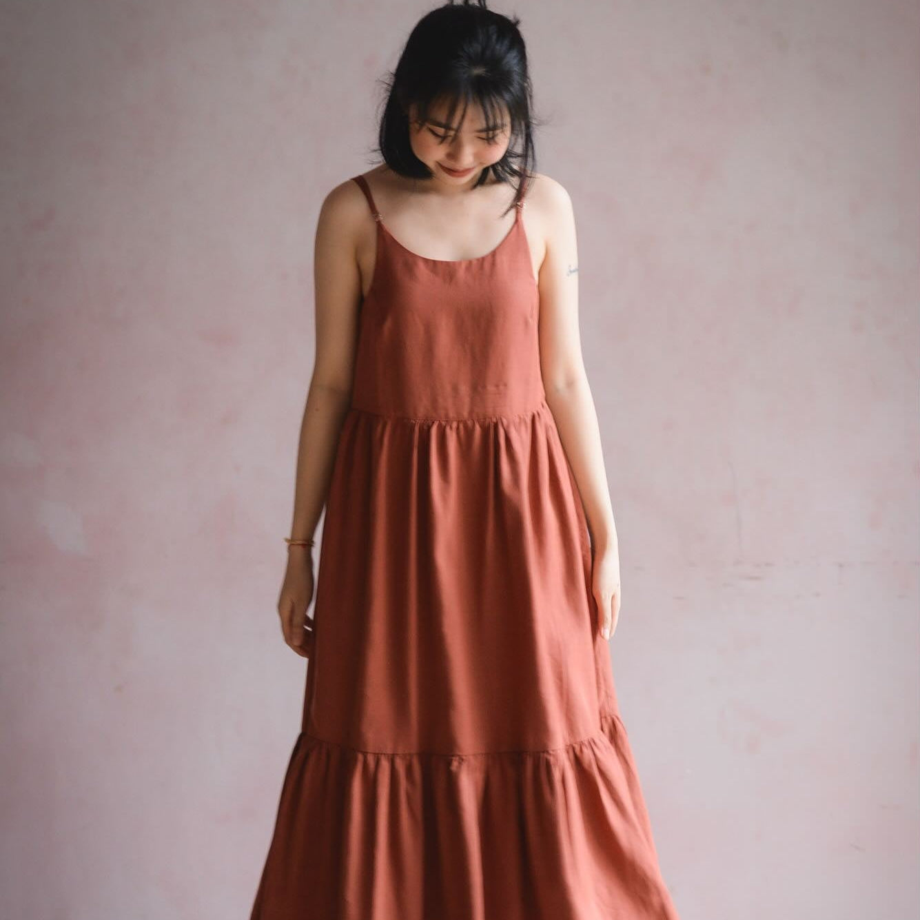 "Grace Maxi - Premium Linen dress in brick red by Turmeric, sleeveless bohemian style"