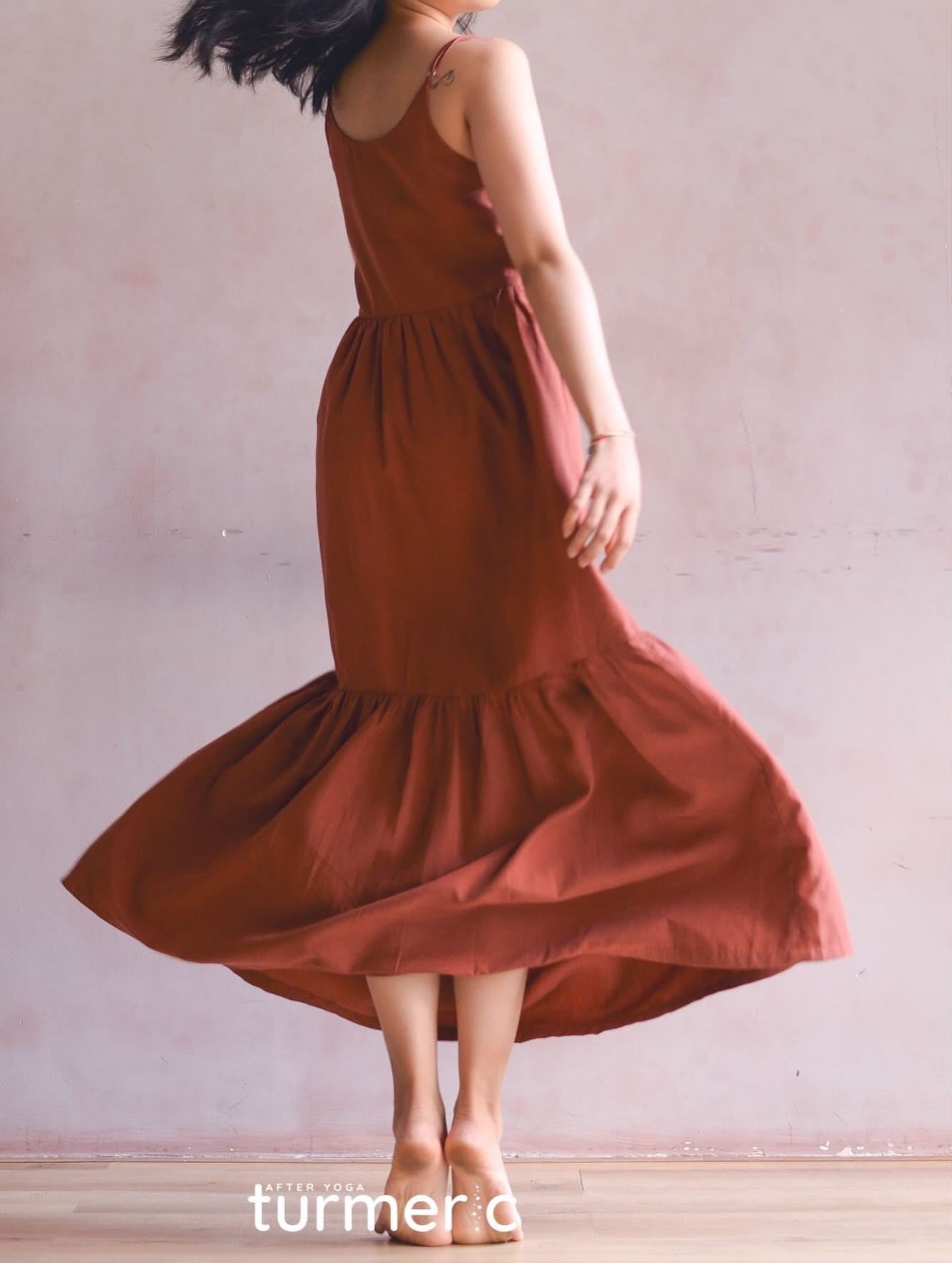"Grace Maxi - Premium Linen dress in brick red by Turmeric, elegant flowy design"